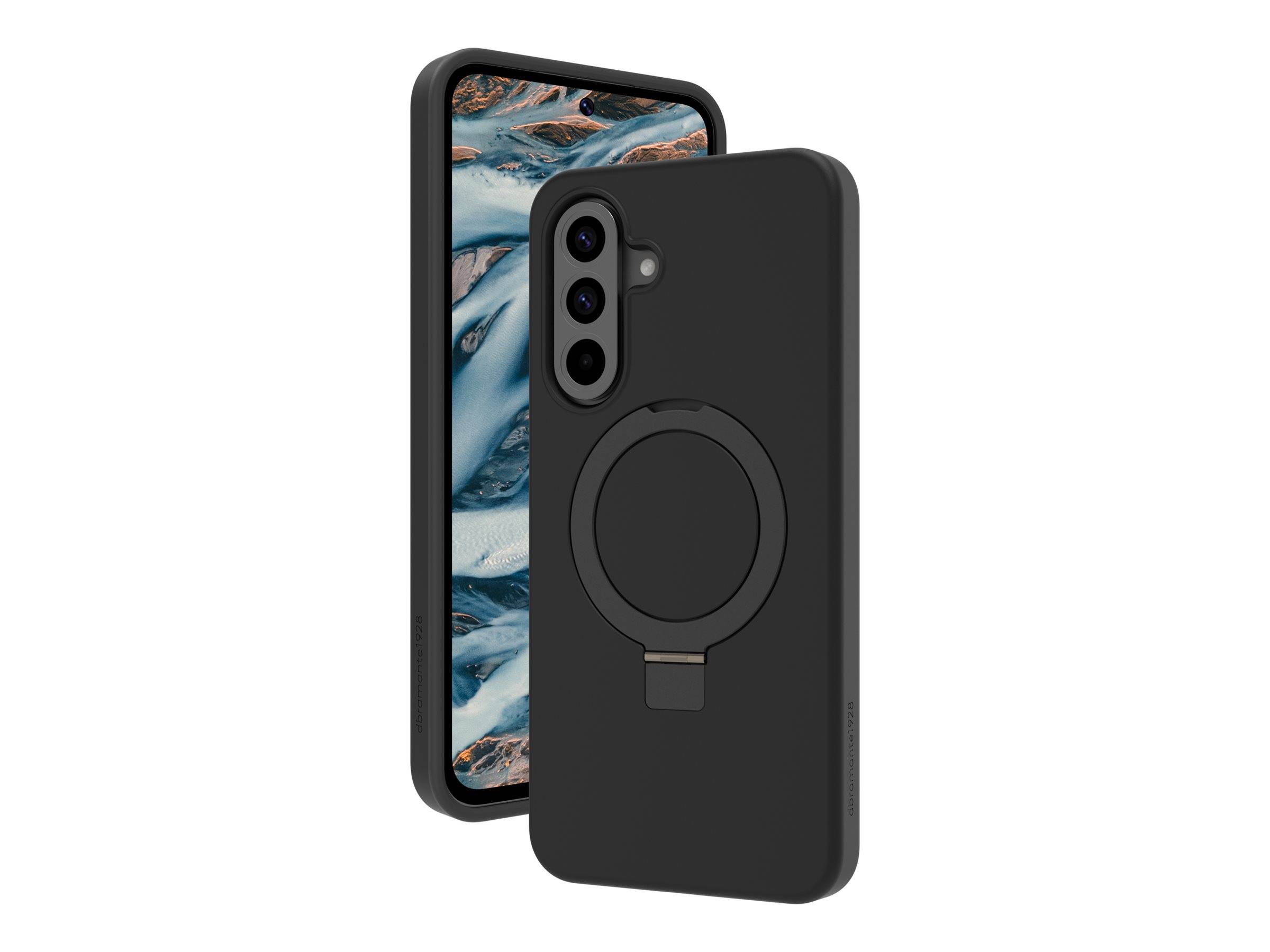 Schwarze Smartphone-Hülle mit kreisförmigem magnetischem Ringständer, gezeigt auf einem Telefon mit abstraktem blauem Marmor-Hintergrund.