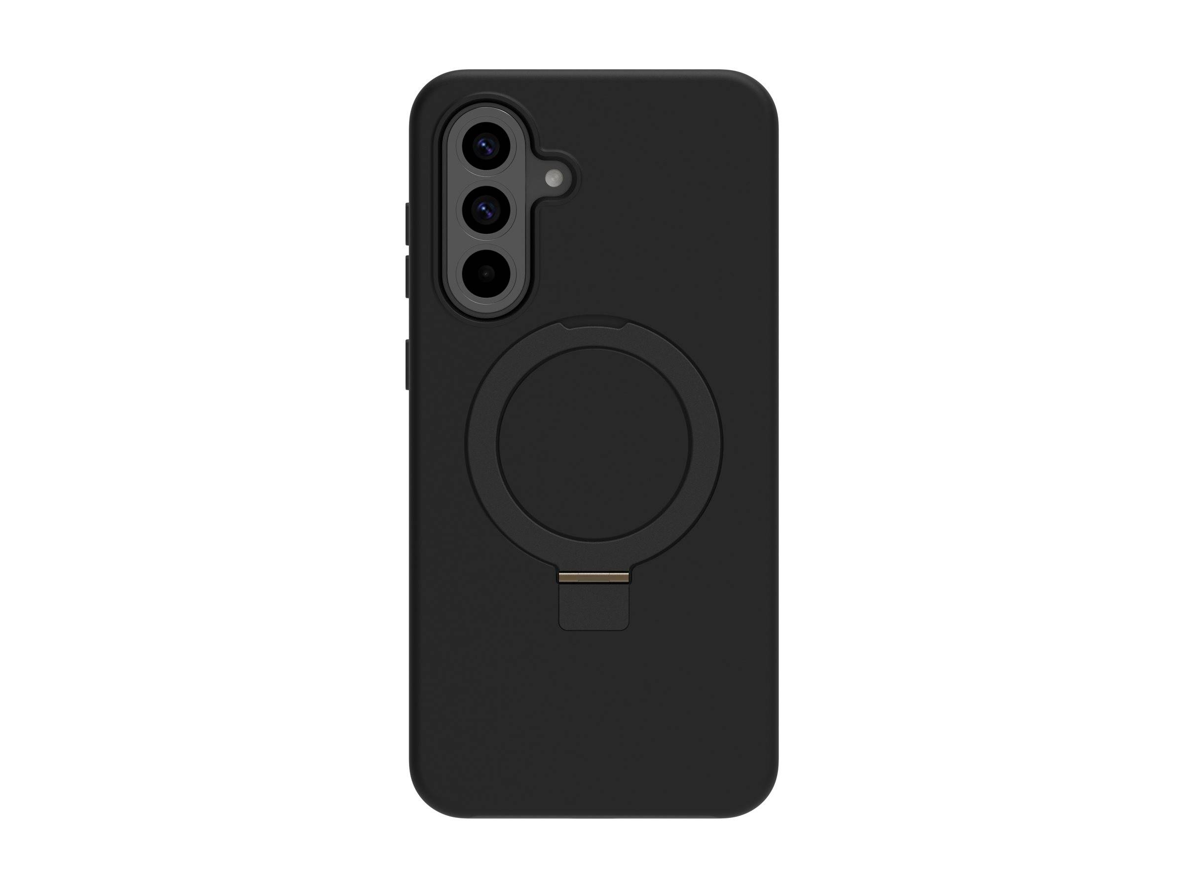 Eine schwarze Handyhülle mit einem kreisförmigen Halter auf der Rückseite, wahrscheinlich für einen besseren Griff oder Standfunktion, entwickelt für Smartphones mit dreifacher Kamerabestückung.