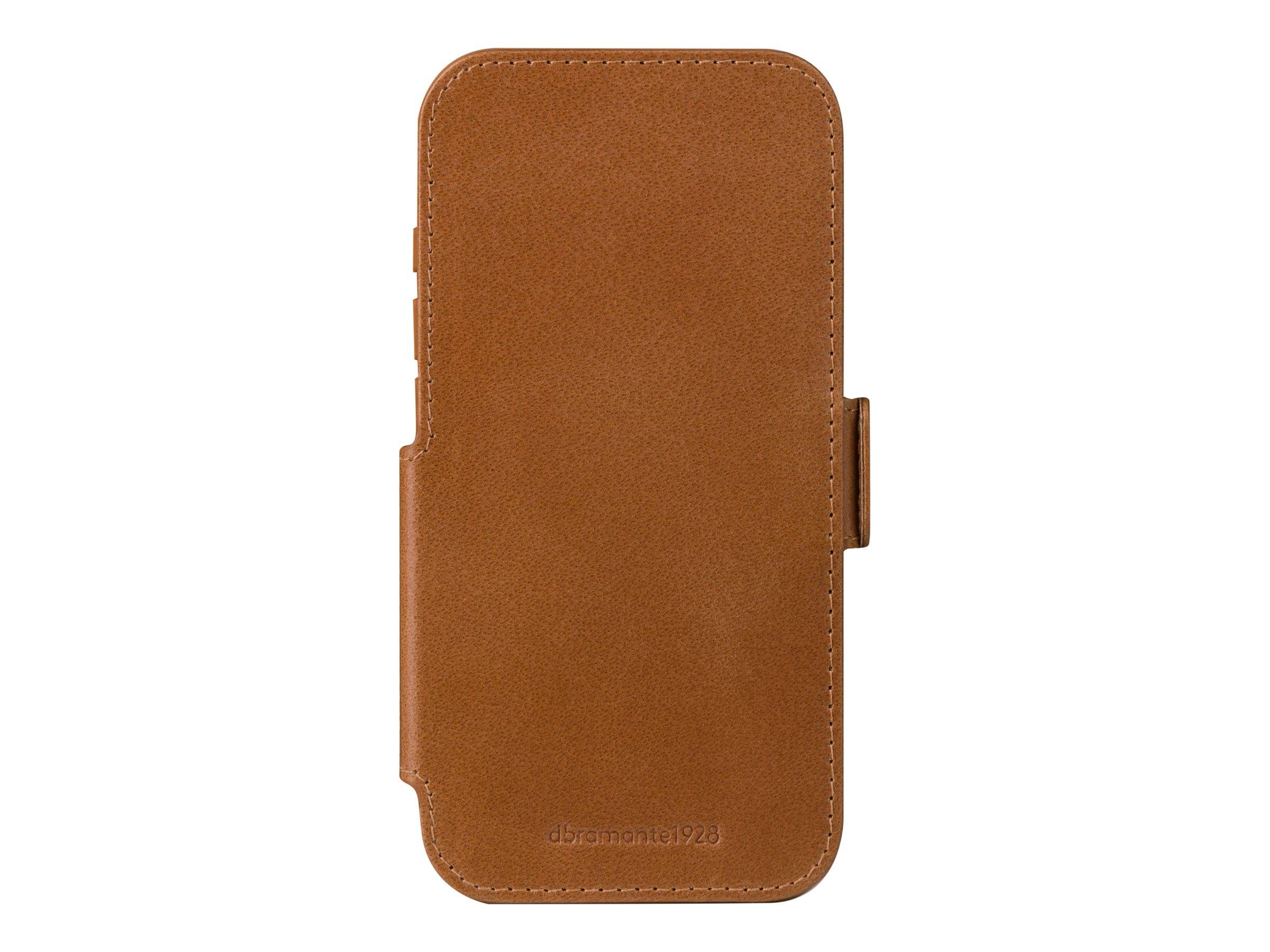 Ein brauner Leder-Smartphone-Etui mit geprägtem Design, geschlossen und von vorne gegen einen weißen Hintergrund betrachtet.