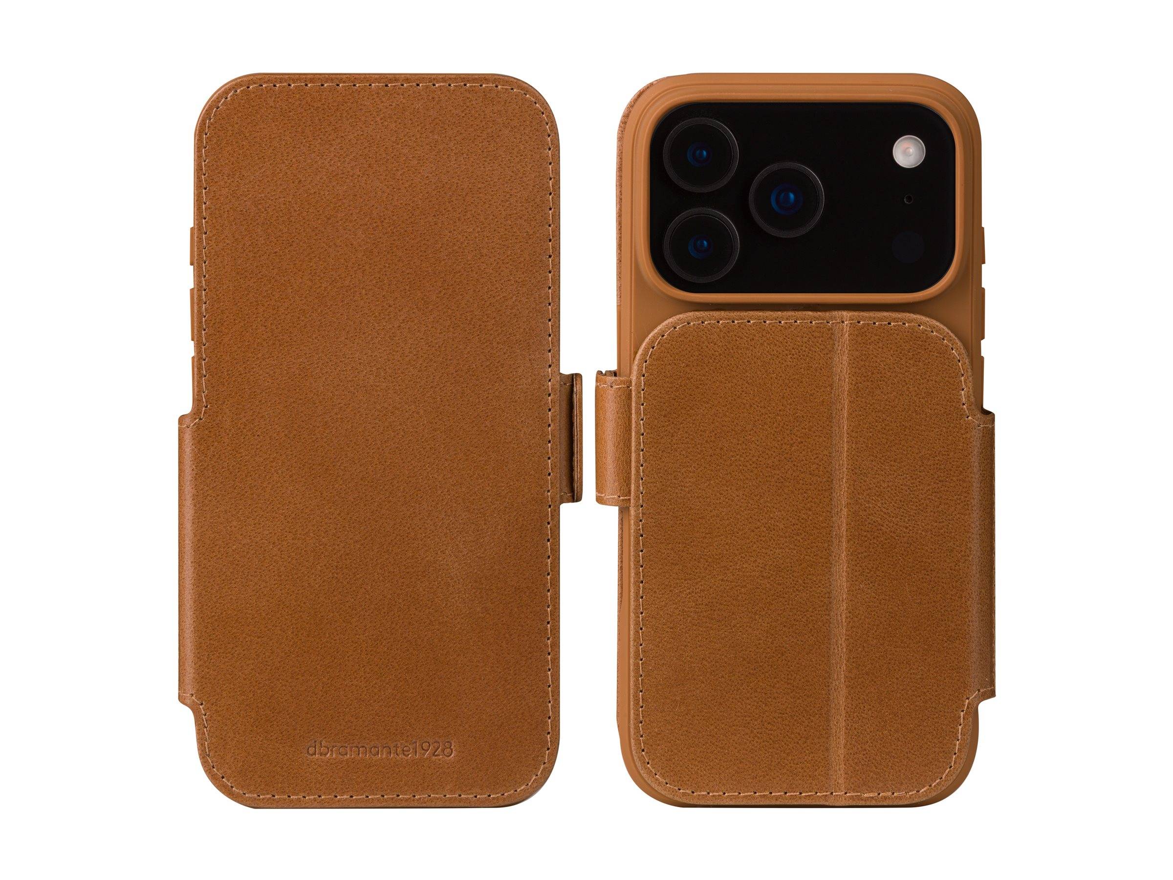 Braune Ledertasche für Mobiltelefone mit magnetisch klappbarer Abdeckung, Rückansicht eines Smartphone-Kamerasystems präsentierend, mit Betonung auf elegantem Design.