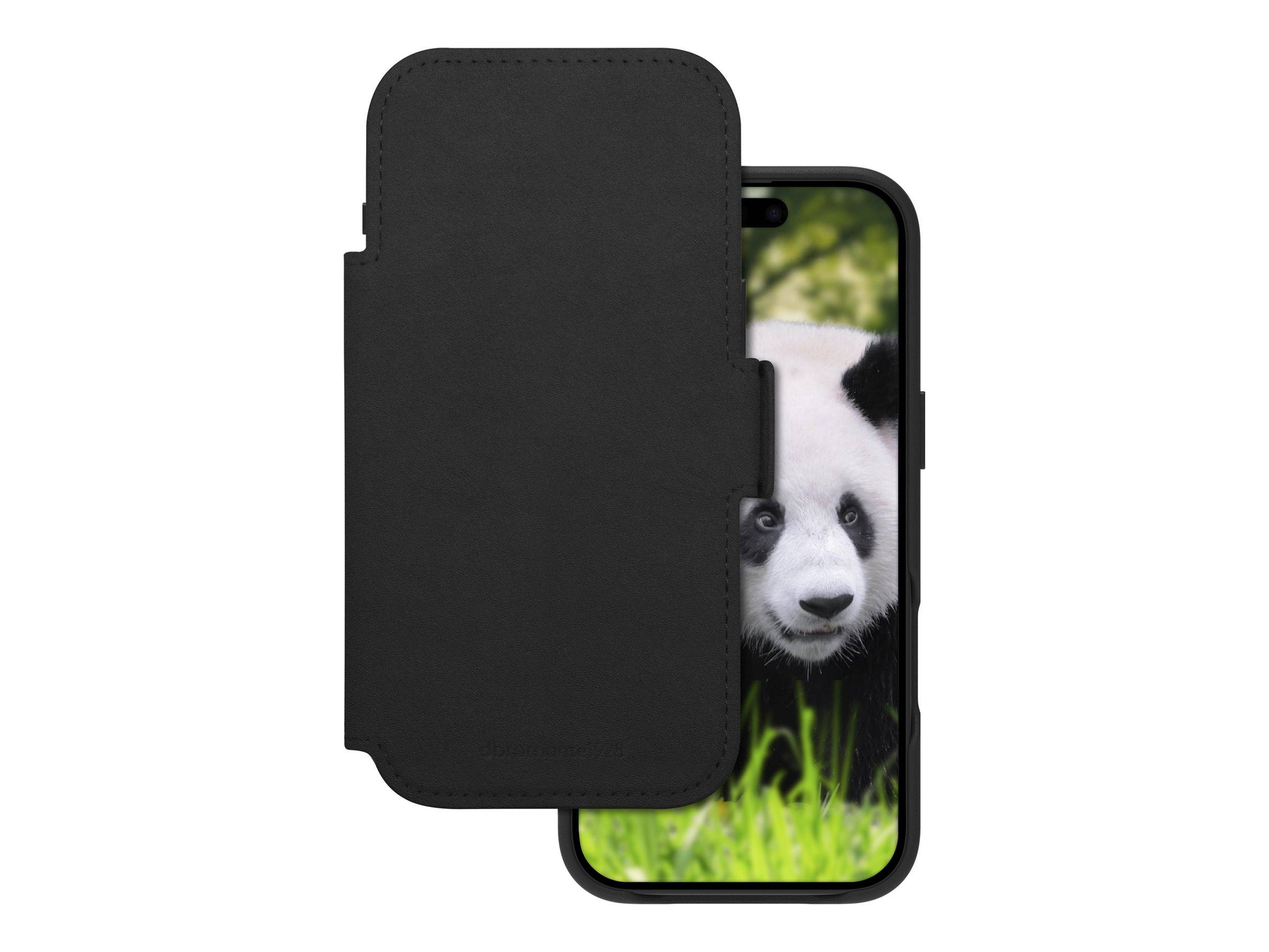 Schwarze Smartphone-Folio-Schutzhülle teilweise offen, die einen Telefonbildschirm mit einem Pandafoto hinter der Abdeckung zeigt.