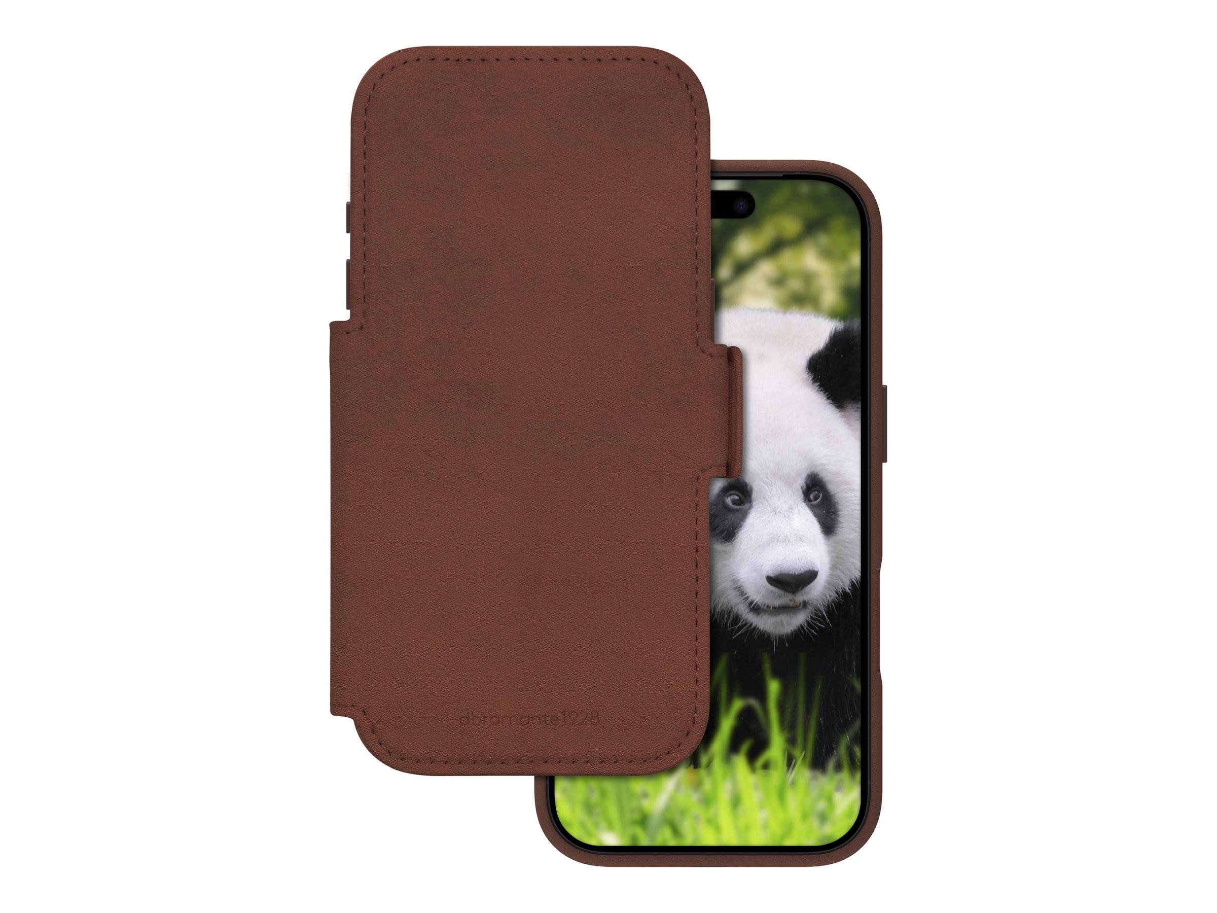 Braune Leder-Telefongeldbörse, die über einem Smartphone geschlossen gezeigt wird, wobei ein Teil eines Pandas auf dem Bildschirm sichtbar ist.