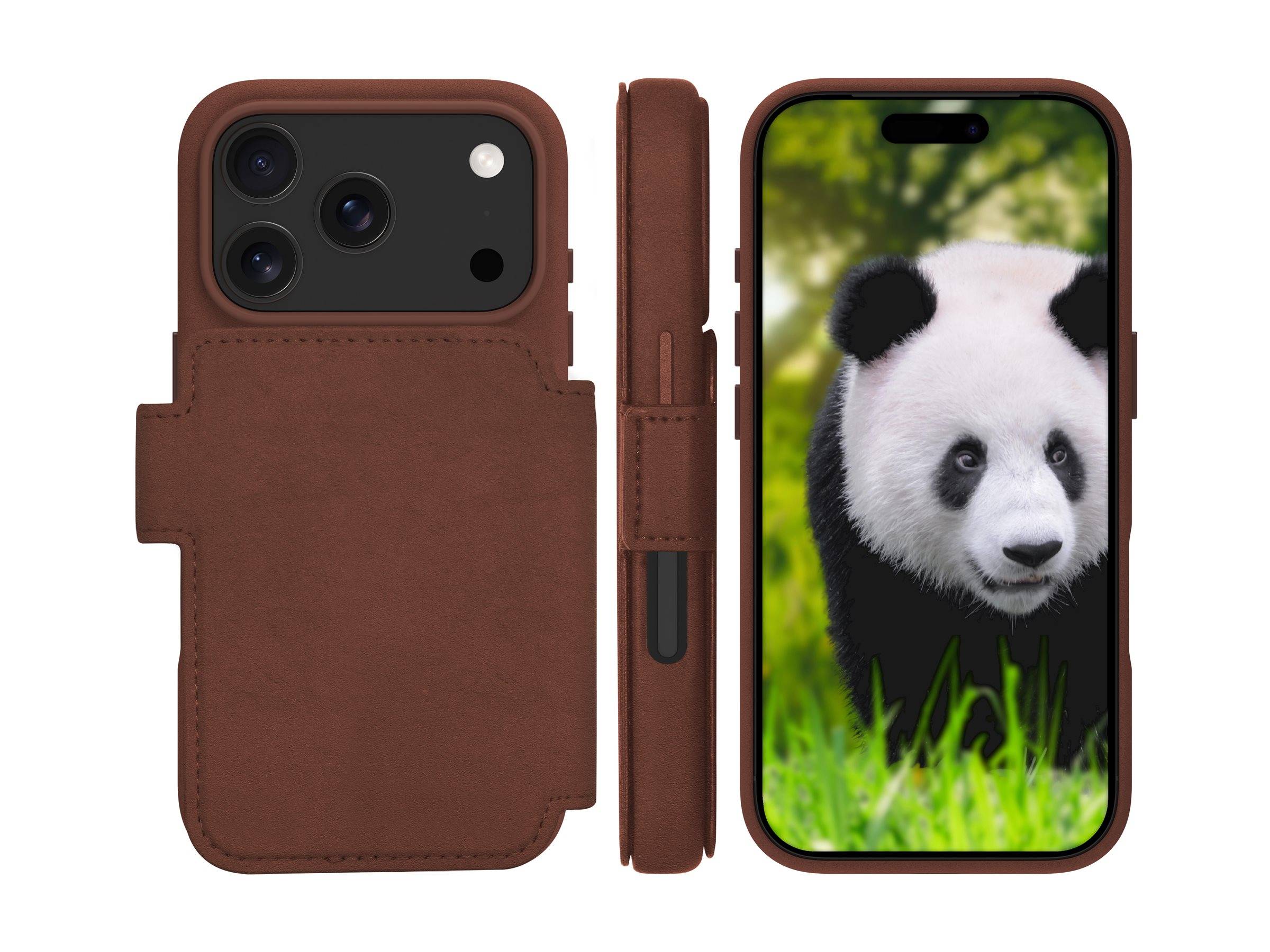 Braunes Lederetui für Telefon gezeigt von hinten, von der Seite und von vorne; die vordere Anzeige zeigt einen Panda auf grünem Hintergrund.