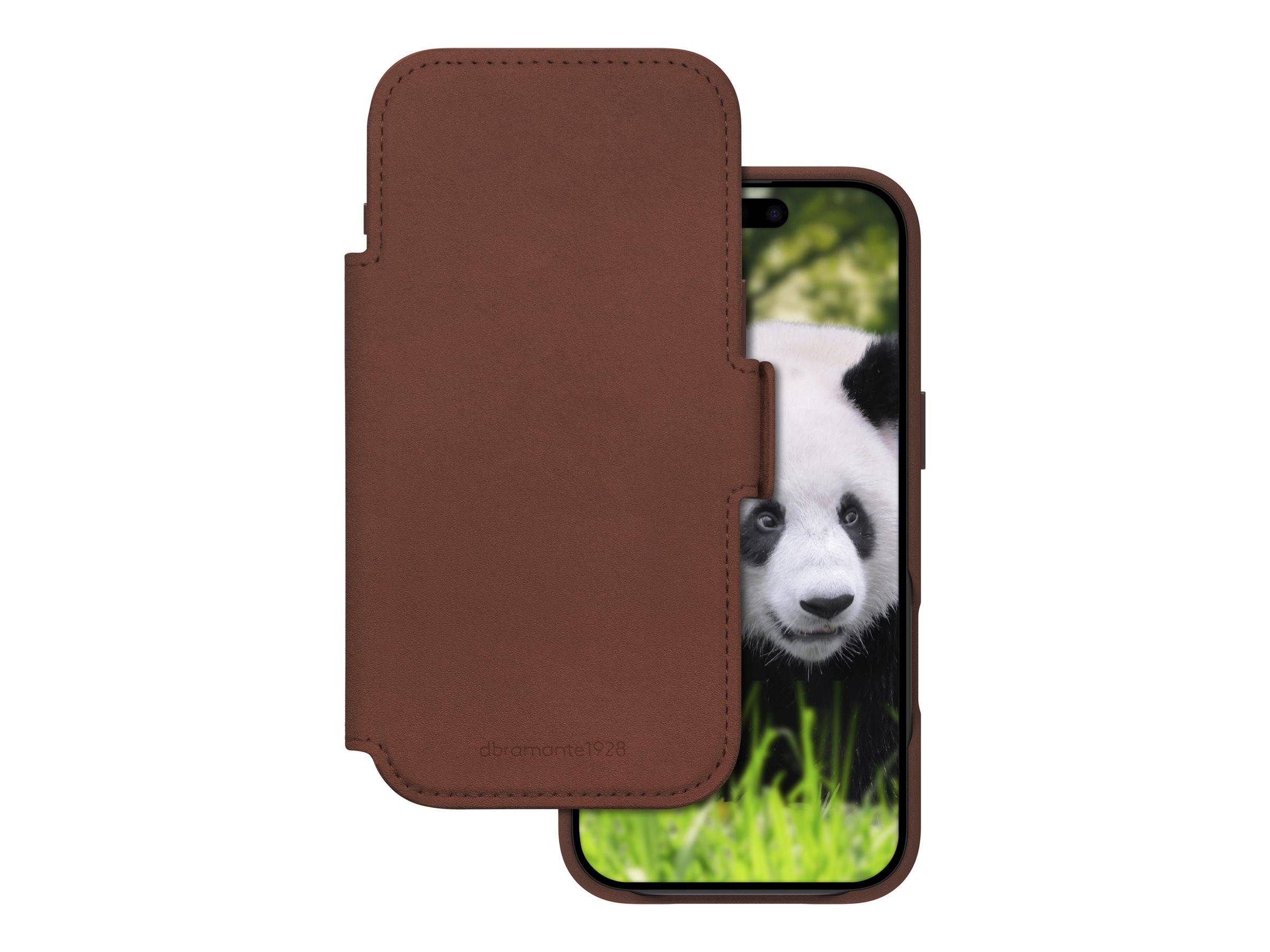 Braunes Lederetui für Smartphones, das ein Smartphone mit Panda-Hintergrundbild teilweise bedeckt.