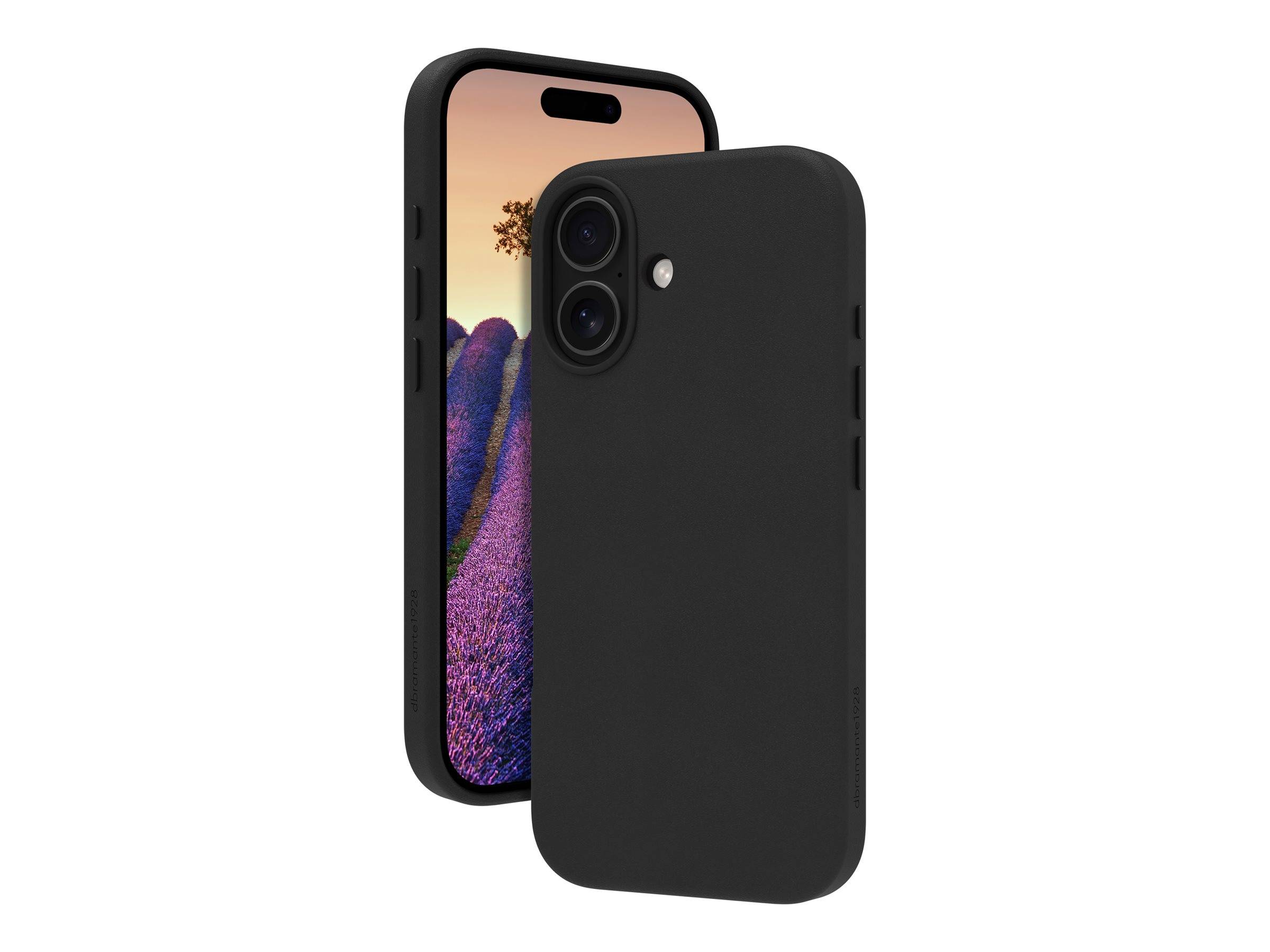 Ein Smartphone mit einem schwarzen Gehäuse steht vor einem zweiten Telefon, das ein lebendiges Lavendelfeld auf seinem Bildschirm zeigt.