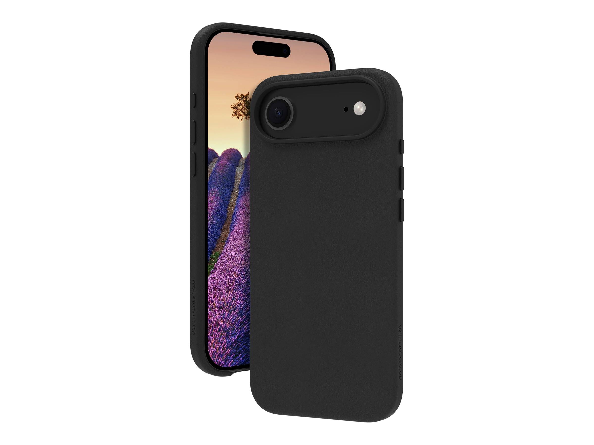 Zwei Smartphones mit schwarzen Gehäusen; eines zeigt einen Sonnenuntergang über einem Lavendelfeld auf seinem Bildschirm, das andere ist nach vorne gerichtet und zeigt eine Rückkamera.