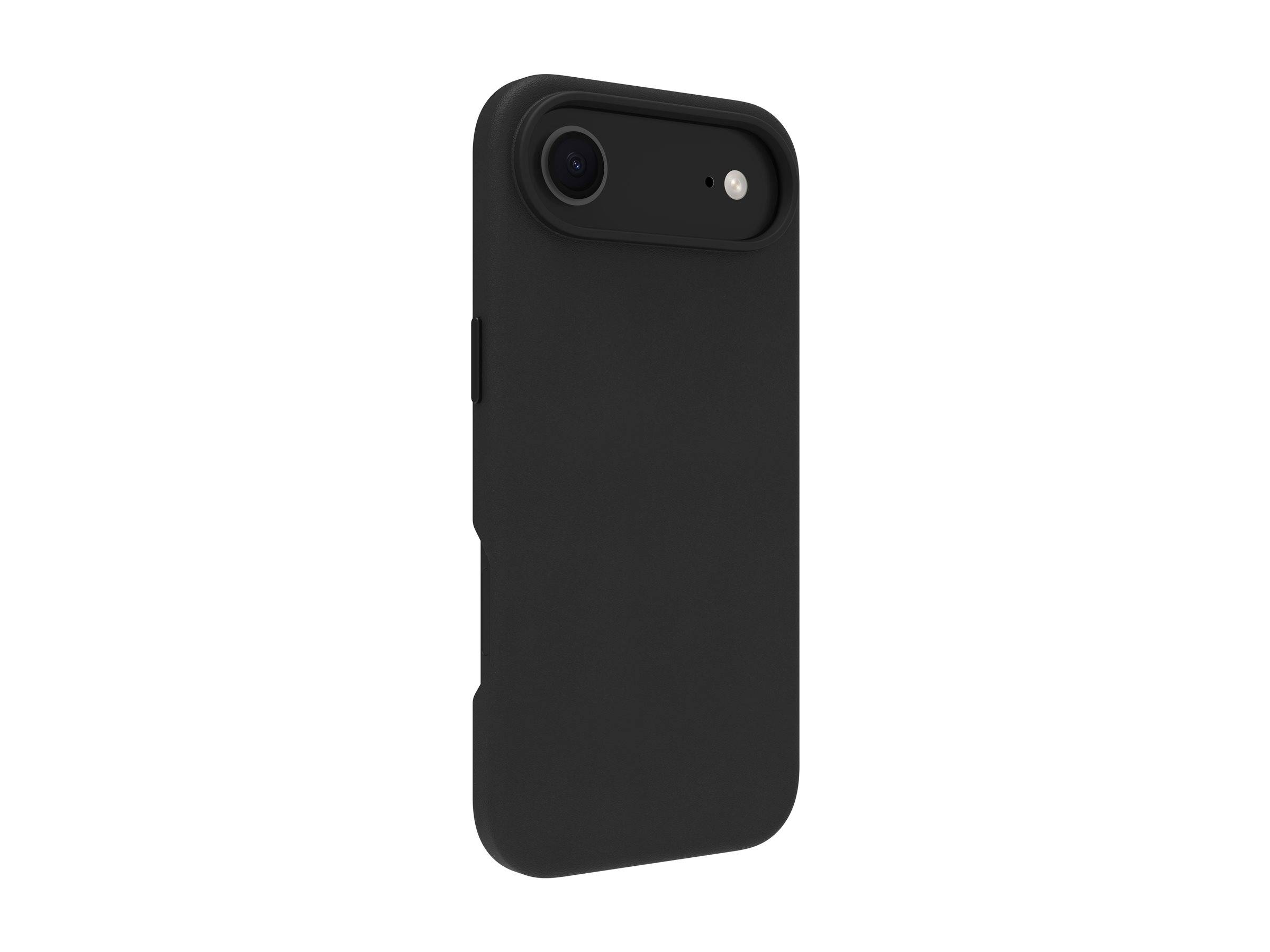 Schwarze Smartphone-Schutzhülle auf einfach weißem Hintergrund gezeigt, mit Kameraausschnitt oben.