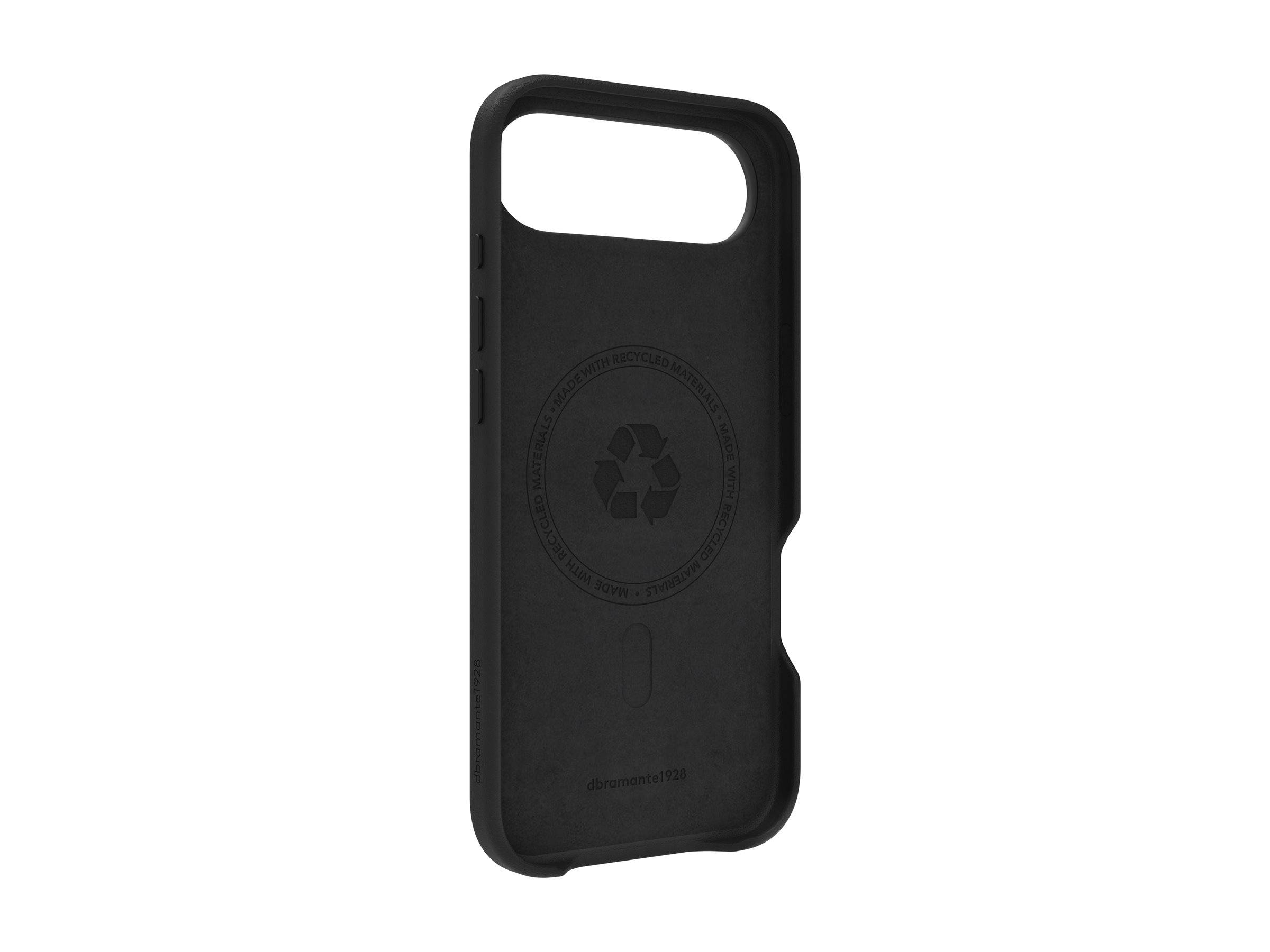 Schwarze Smartphone-Schutzhülle mit großem Kameraausschnitt und geprägtem Recycling-Symbol auf der Rückseite.