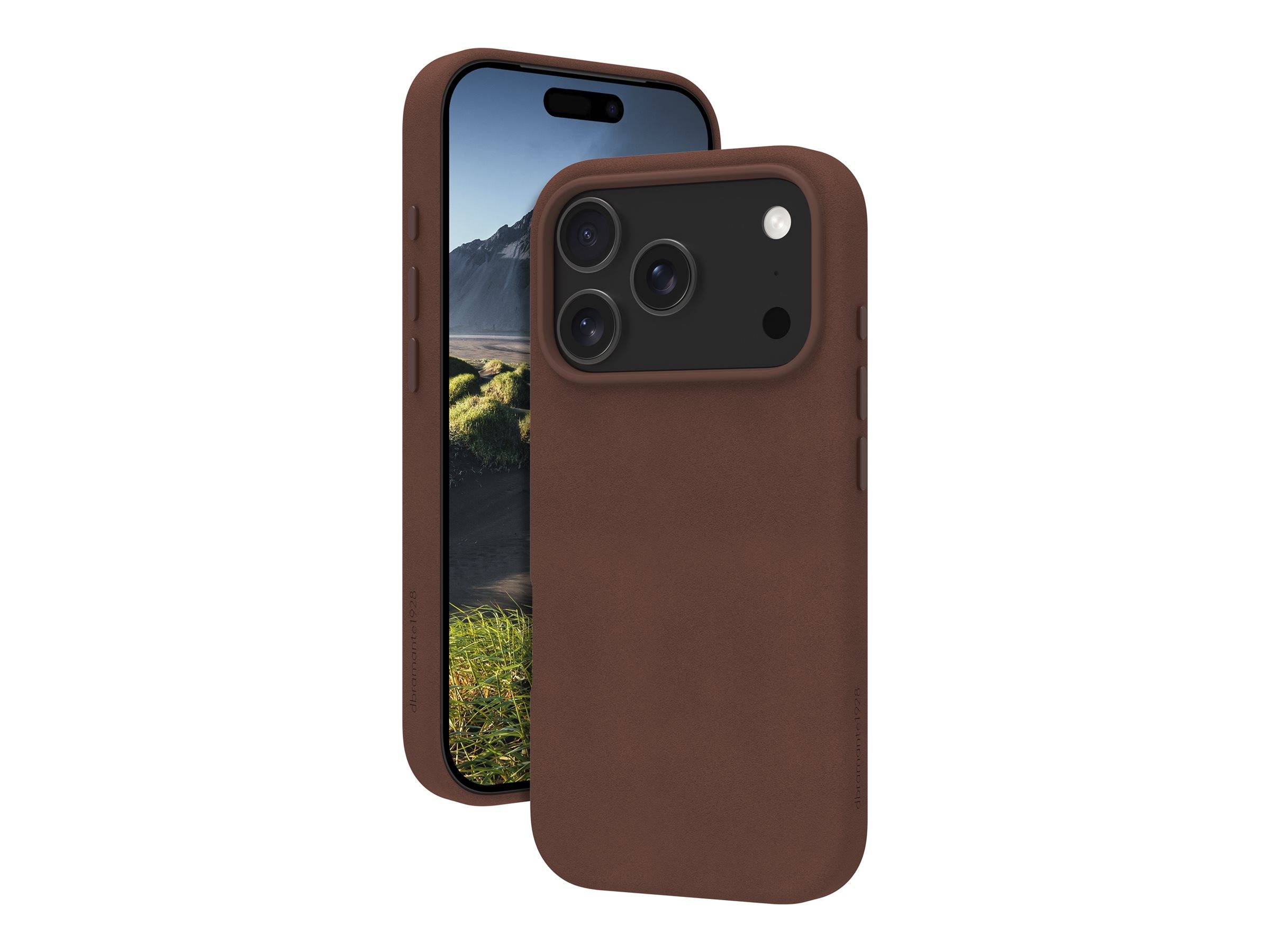 Zwei Smartphones, von vorne und von hinten gezeigt, beide in braunen Schutzhüllen; das hintere Telefon zeigt ein Triple-Kamera-Modul.