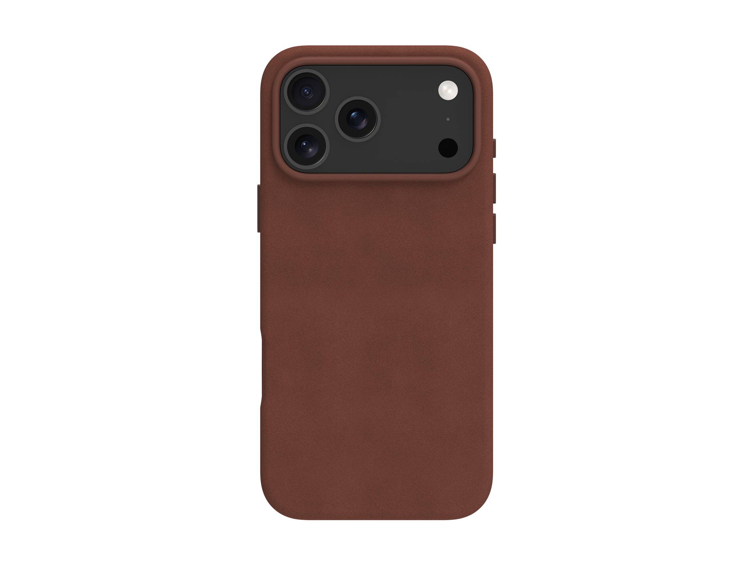 Braunes Ledersmartphone-Etui mit erhöhtem Kameraausschnitt auf einfachem weißem Hintergrund