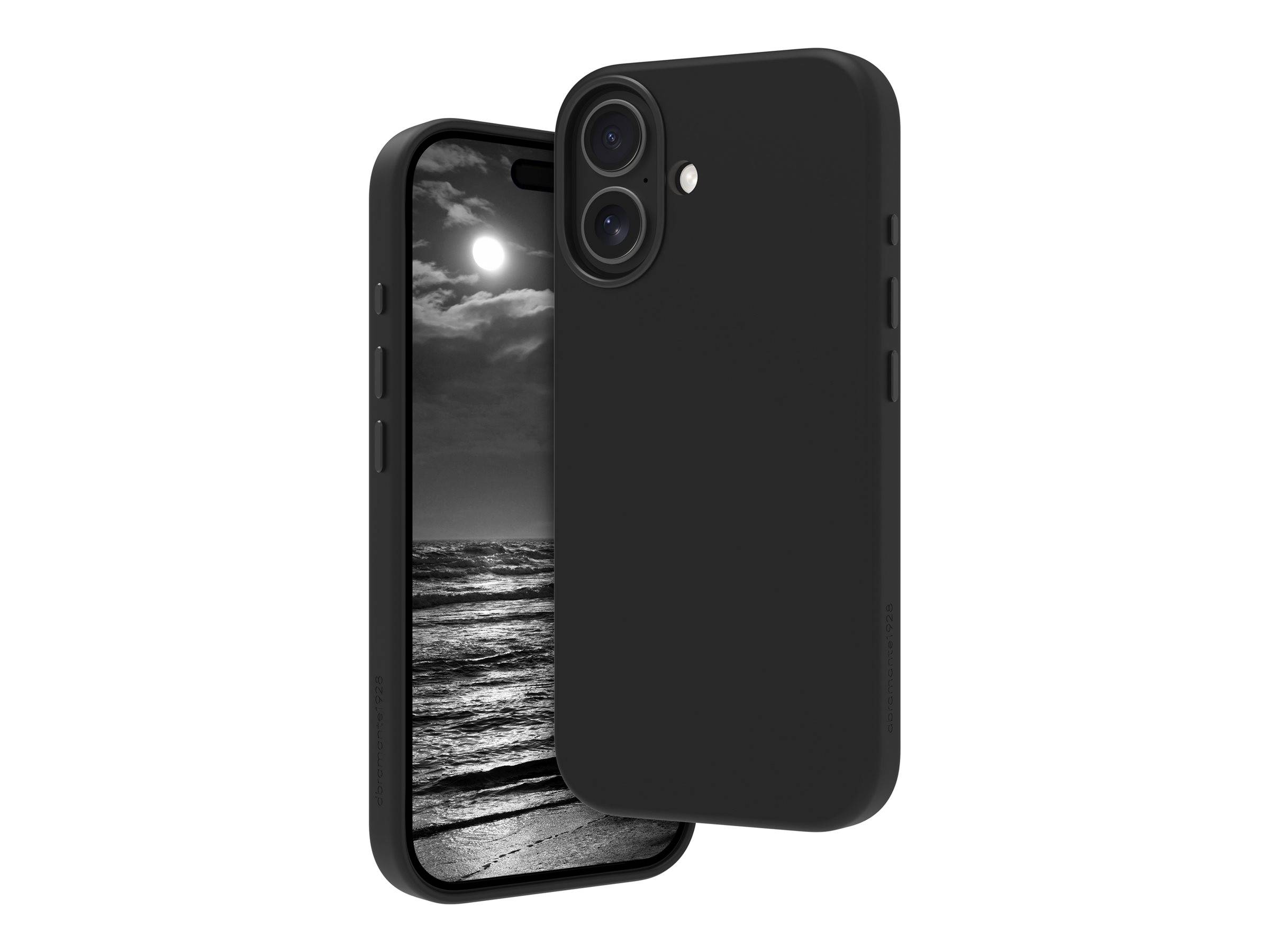 Schwarzes Smartphone mit doppelter Rückkamera, Hülle teilweise den Bildschirm verdeckend, der Graustufenansicht von Ozeanwellen unter einem bewölkten Himmel zeigt.