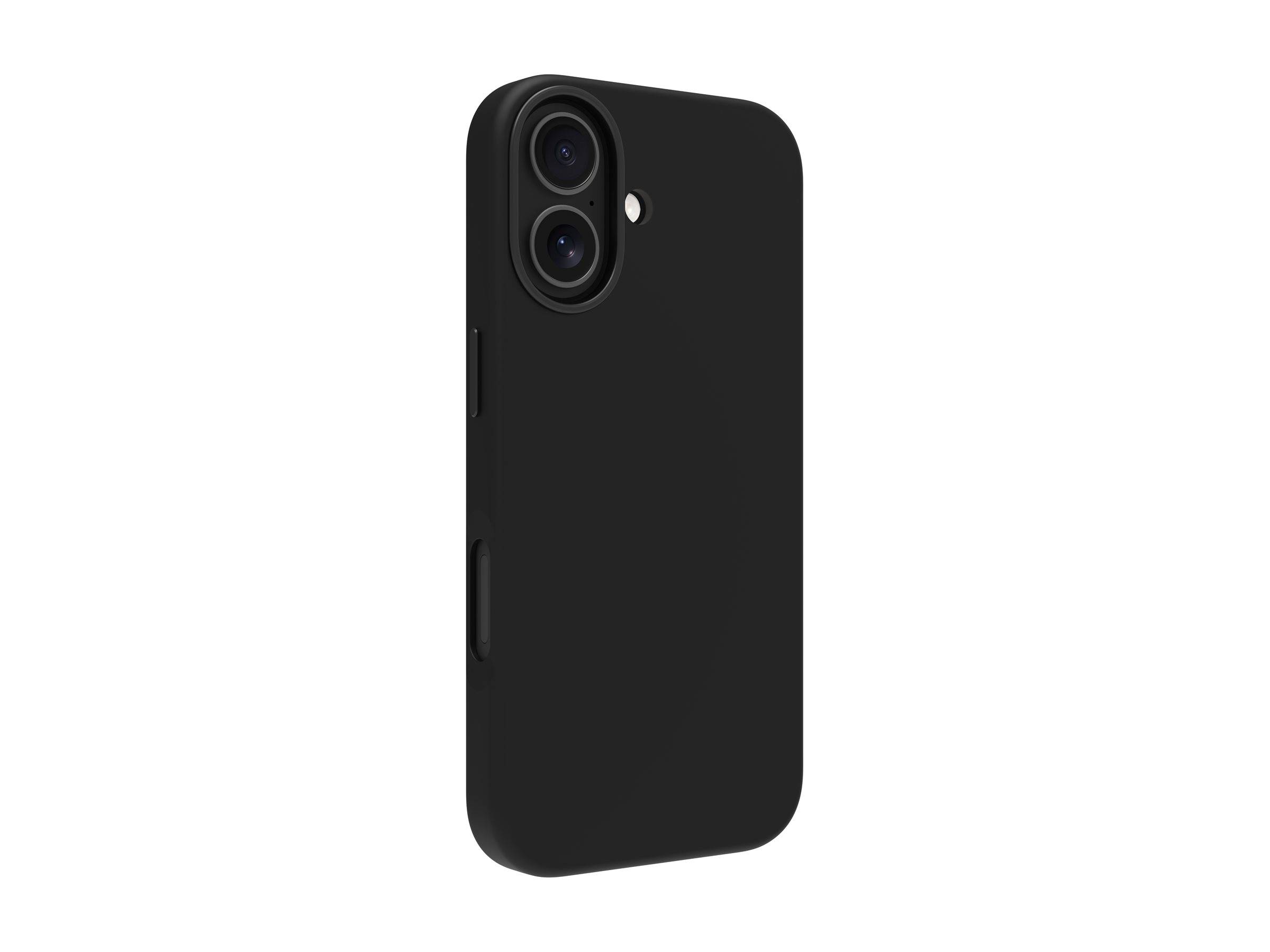 Eine matte schwarze Smartphone-Hülle mit Aussparungen für eine Dual-Kamera, einer Blitzöffnung und einem Schlitz für die Seitentaste, die für ein modernes Smartphone konzipiert ist.