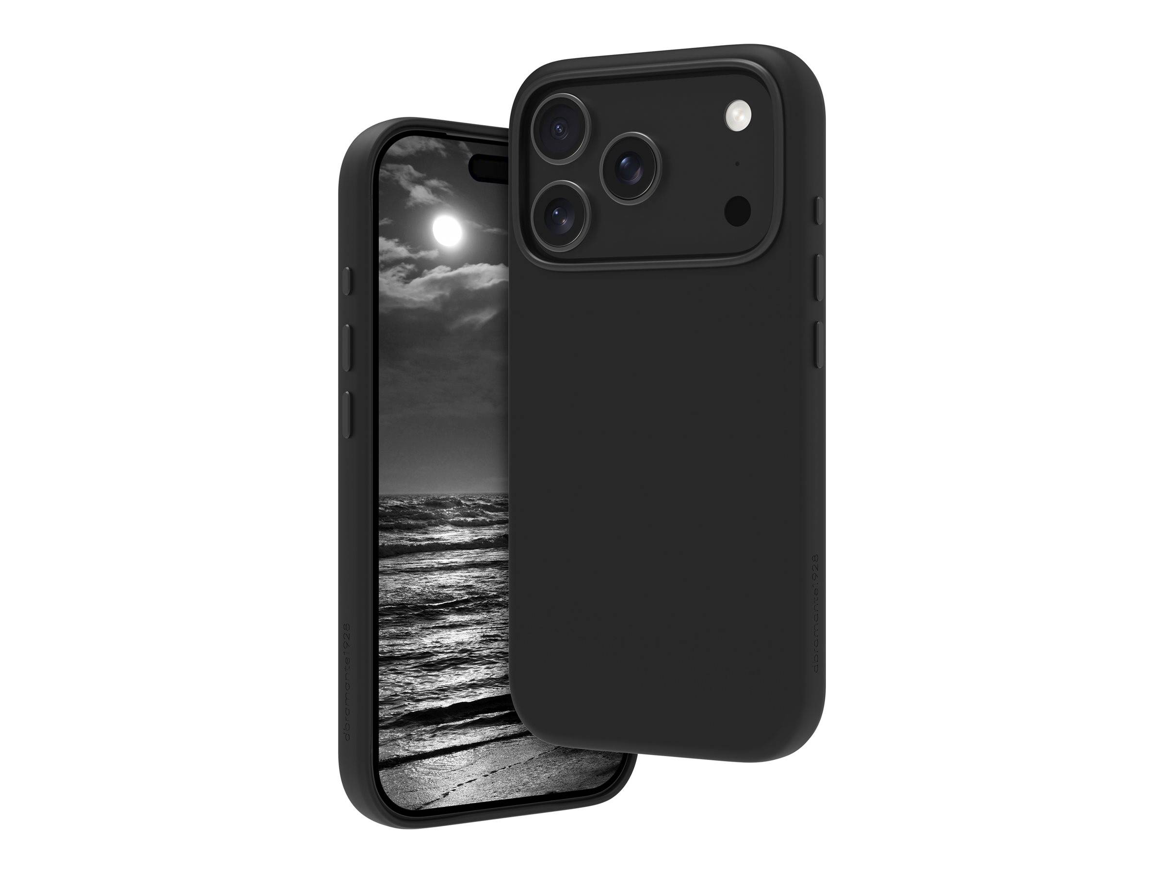 Ein schwarzes Smartphone mit einem Triple-Kamerasystem und einem angezeigten Schwarz-Weiß-Bild einer mondbeleuchteten Strand-Szenerie.