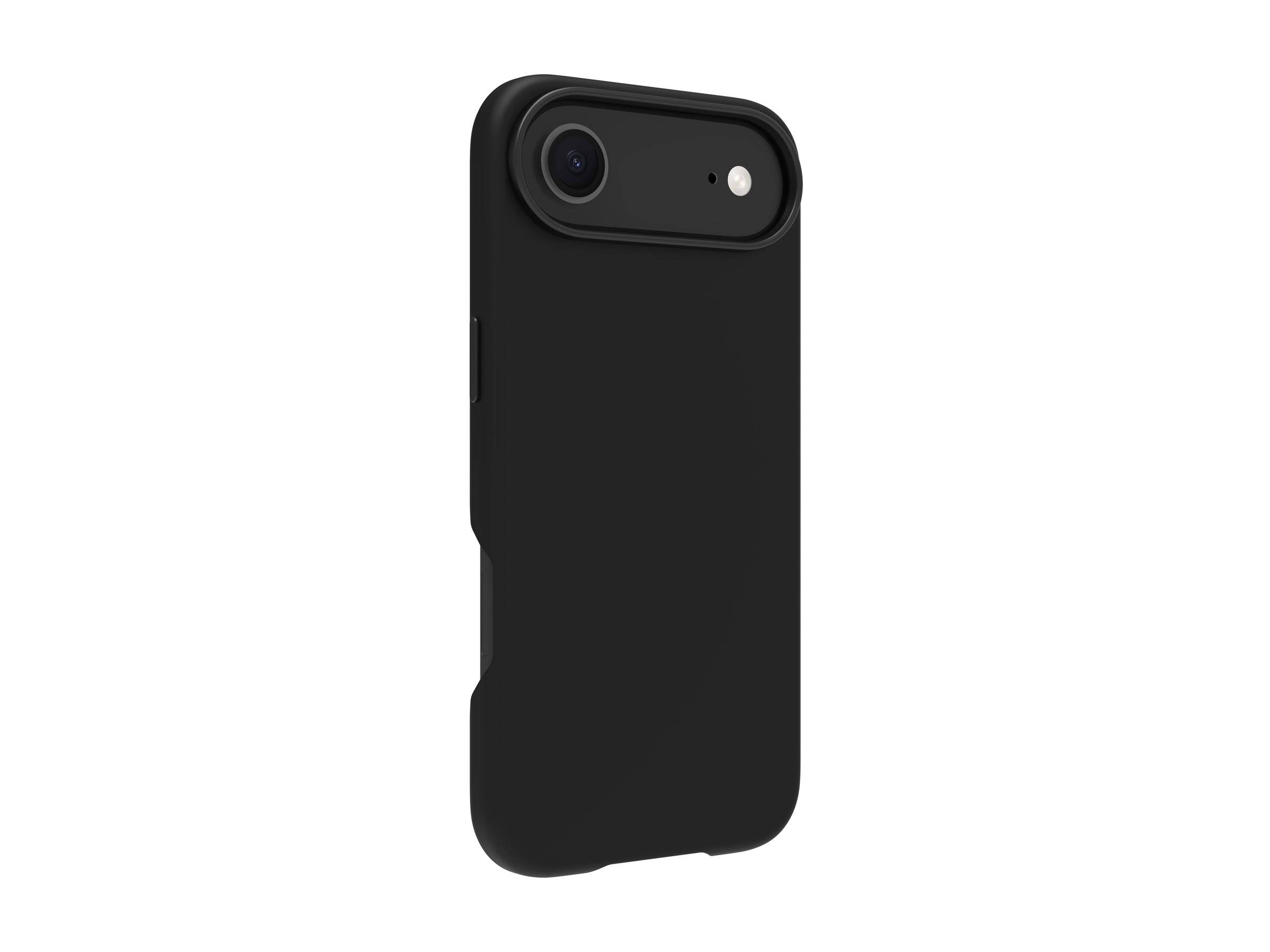Eine schwarze Smartphone-Hülle mit einem erhabenen Rand um die Kameralinse zum Schutz, von hinten und der linken Seite fotografiert.