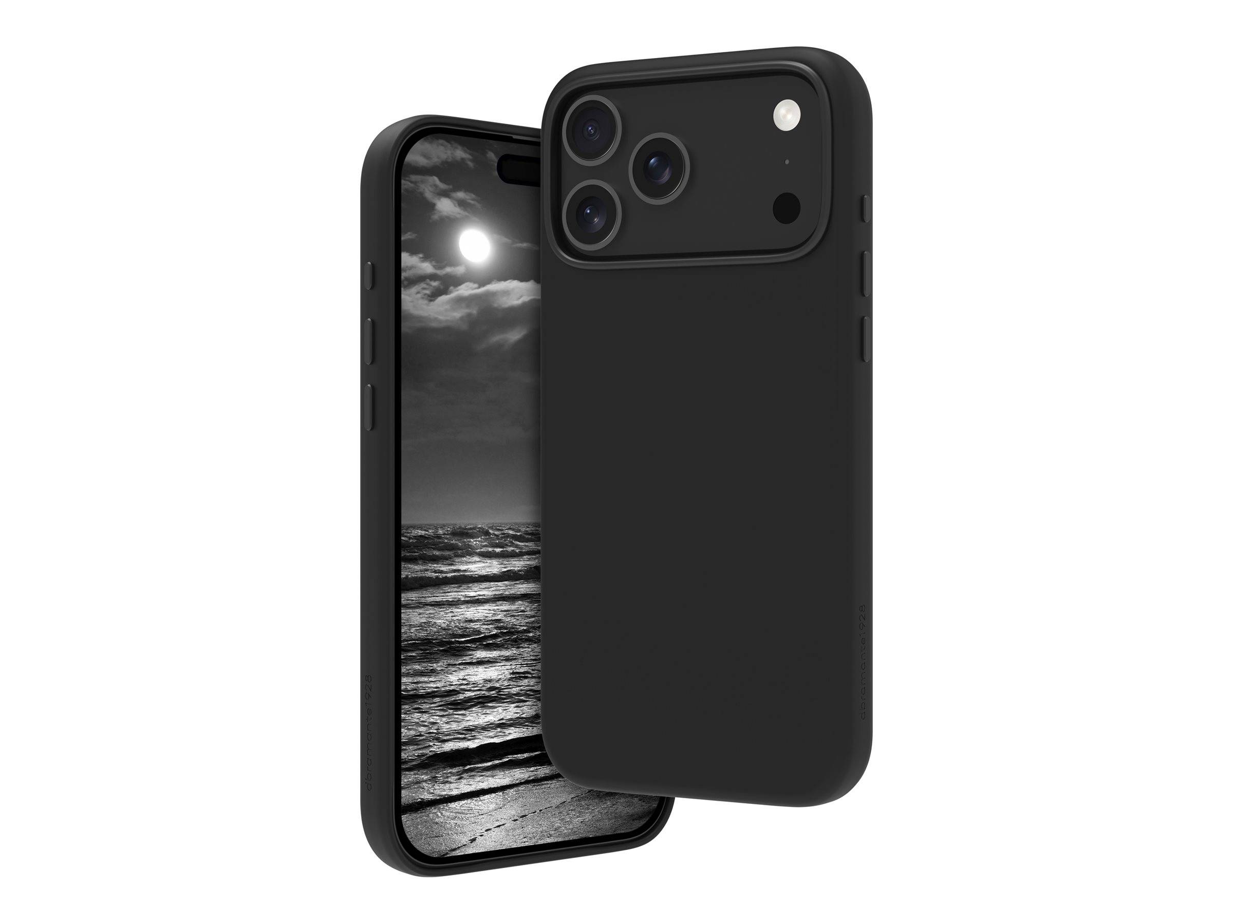 Zwei Smartphones mit schwarzen Gehäusen; eines zeigt eine monochromatische Strandszene, während das andere die Rückkamera-Anordnung darstellt.