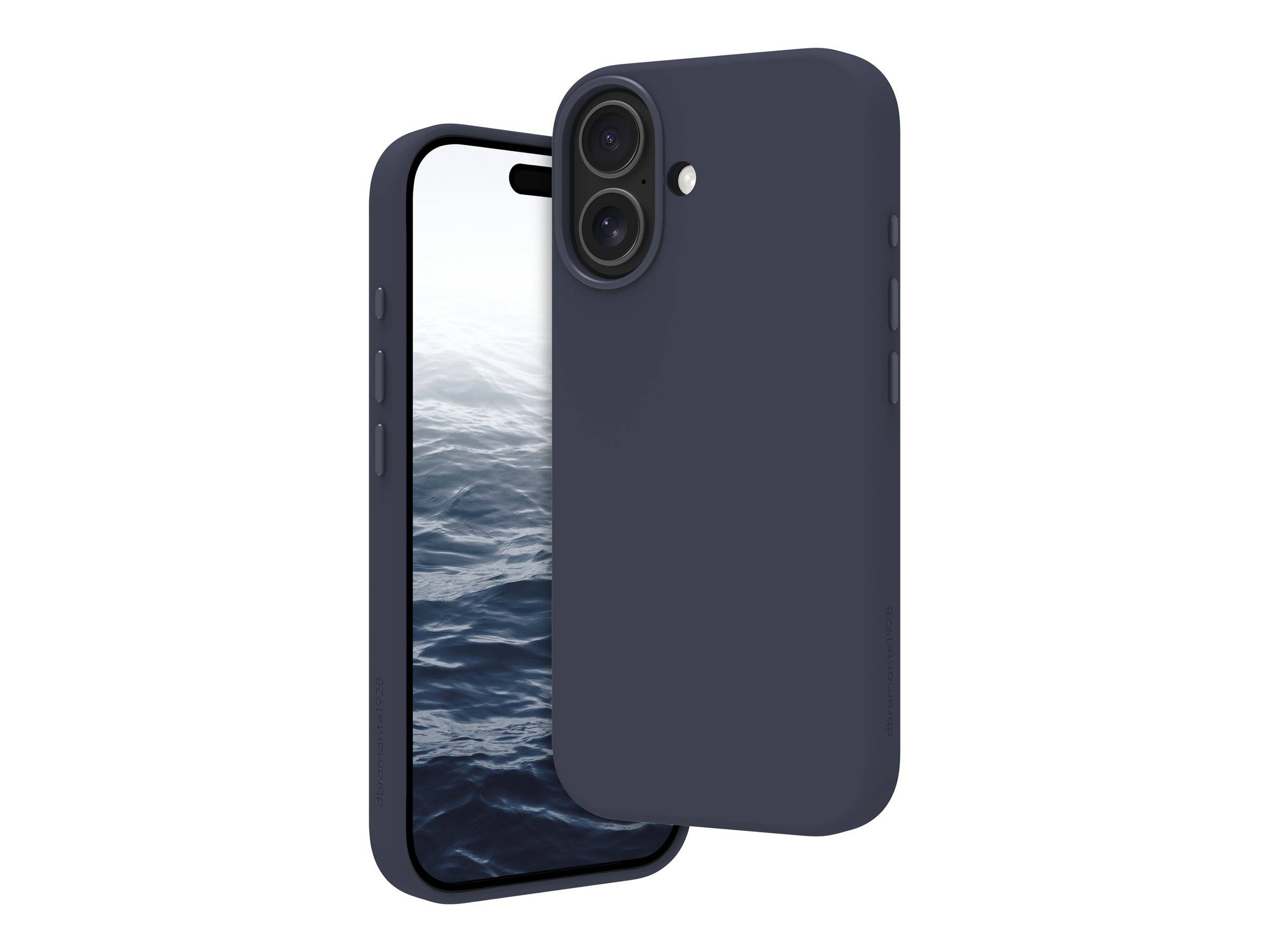 Dunkelblauetui für Smartphones, das auf einem Telefon gezeigt wird, mit ausgehobener Dual-Kamera-Aussparung und sichtbarem Bildschirm dahinter auf weißem Hintergrund.