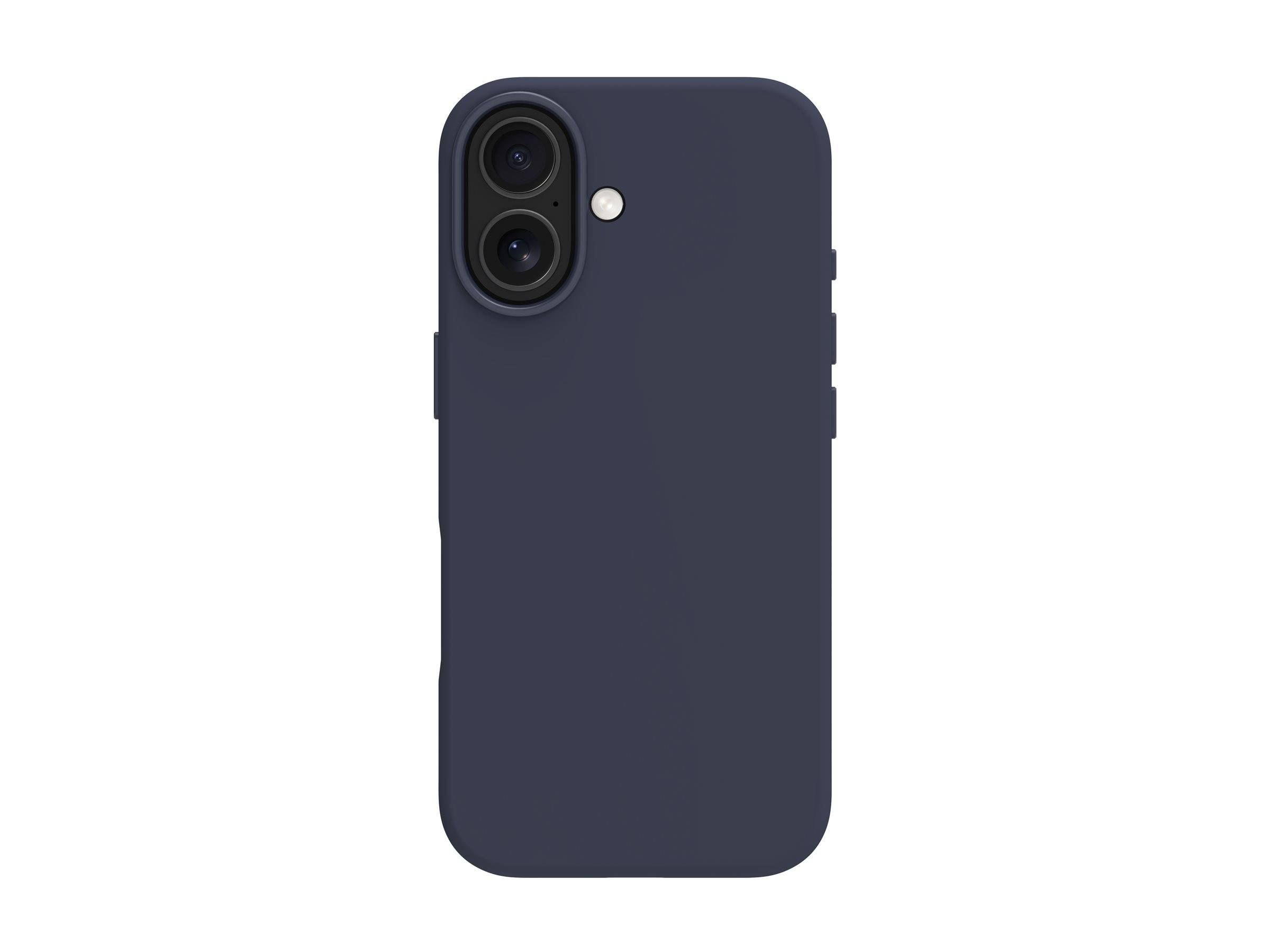 Eine dunkle Marineblau-Handyhülle mit zwei Kameraausschnitten und einer Blitzöffnung auf weißem Hintergrund.