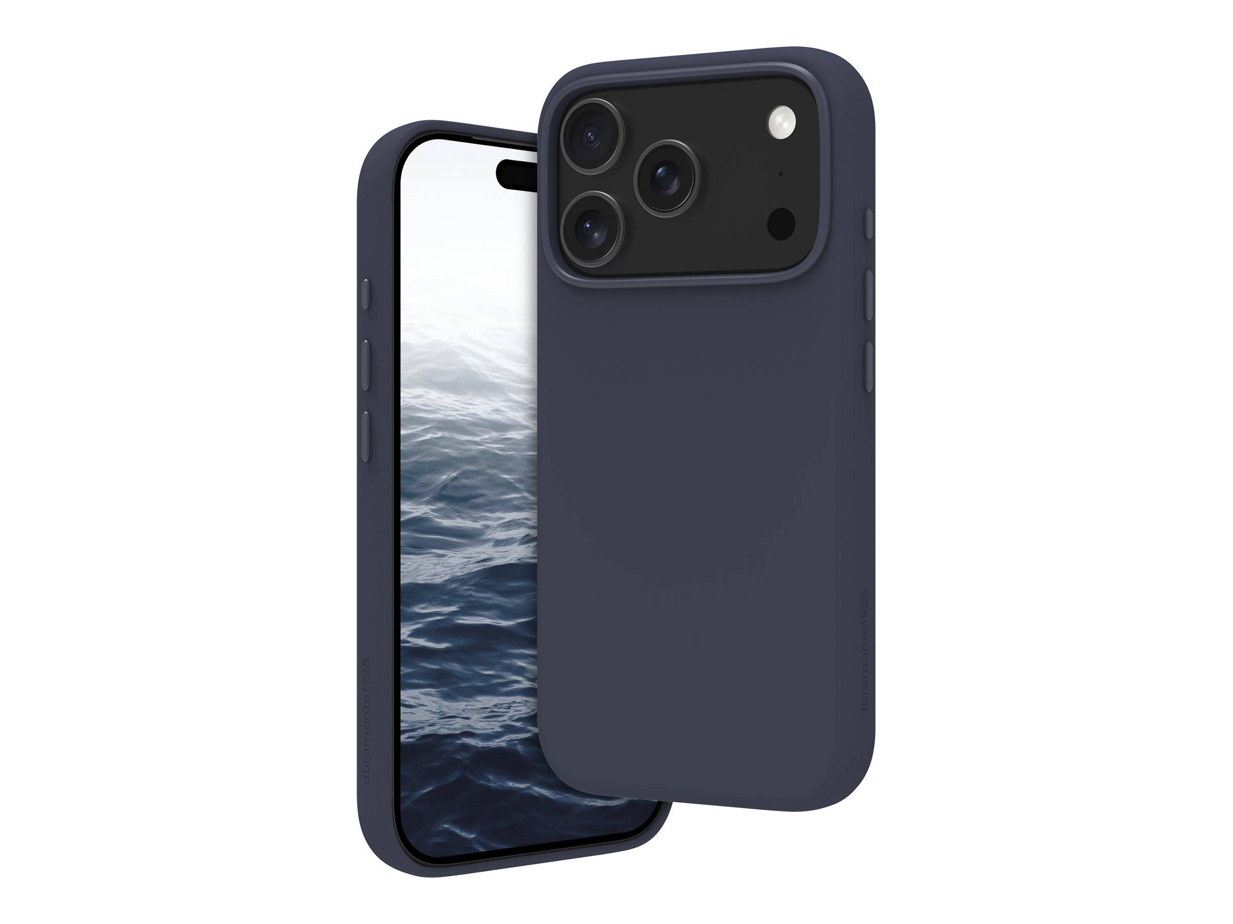 Zwei navy-blaue Smartphone-Hüllen, Vorder- und Rückansicht, mit präzisen Aussparungen für Kameras und Tasten, die ein Wellendesign auf dem Bildschirm präsentieren.
