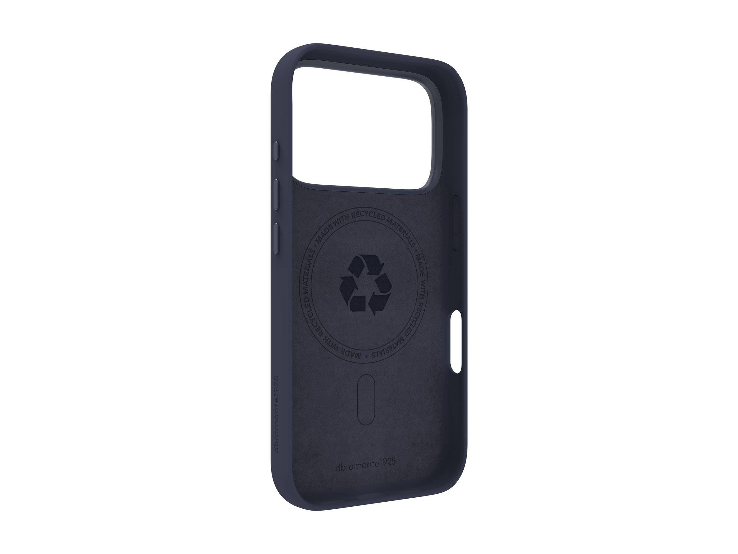 Dunkle Handyhülle mit einer großen Kameraaussparung. Innen zeigt ein Recycling-Symbol die Verwendung umweltfreundlicher Materialien. Lautstärketasten an der Seite.