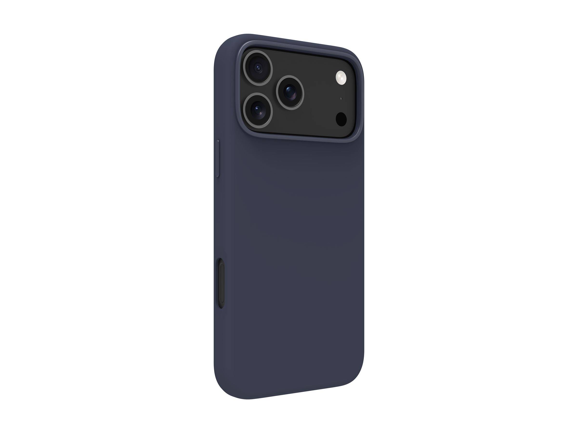 Ein dunkelblauer Smartphone-Hülle mit Aussparungen für drei rückwärtige Kameraobjektive und einen Blitz.