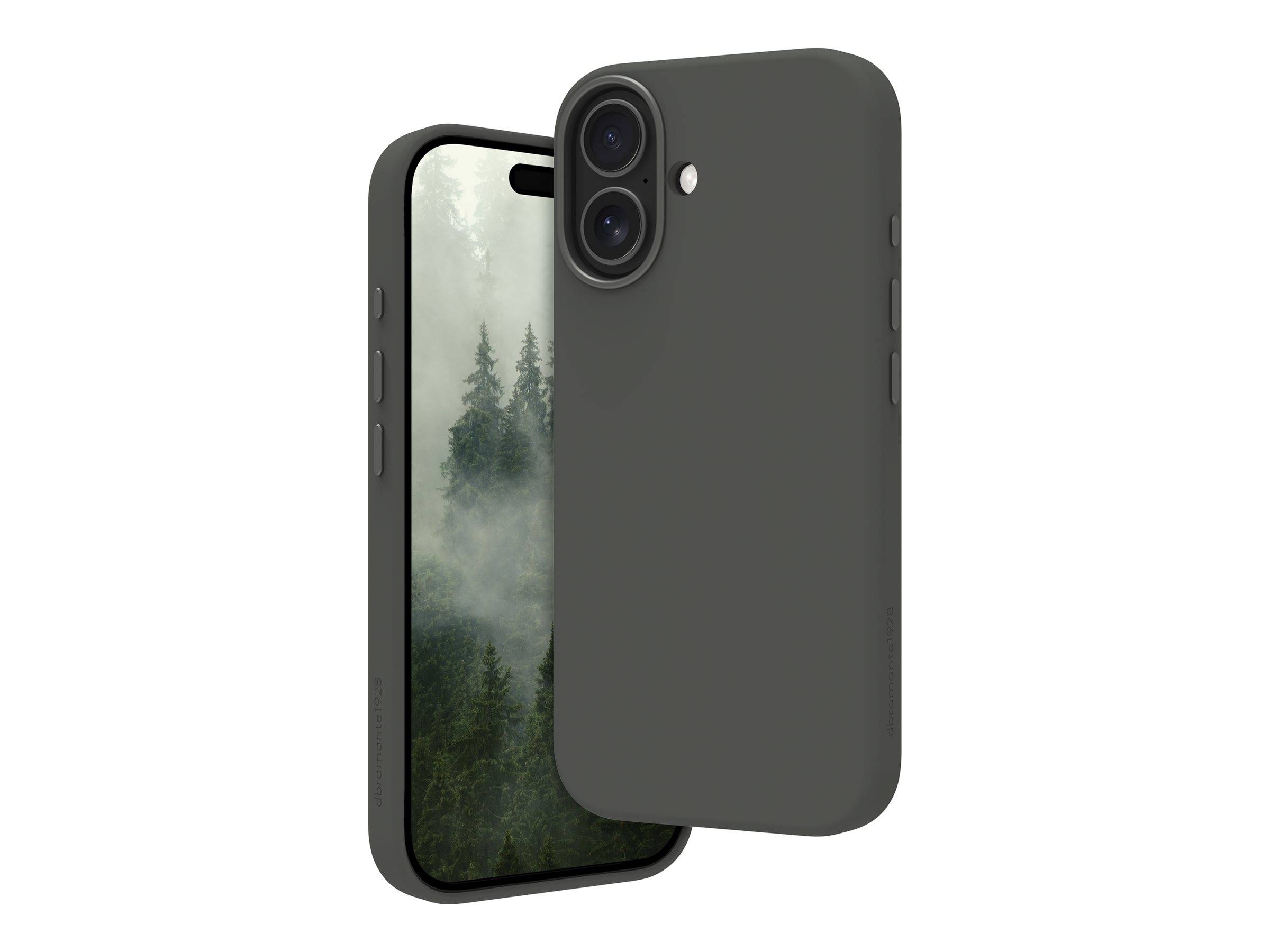 Zwei dunkelgraue Smartphone-Hüllen, die auf einem Telefon gezeigt werden, eine vorne und eine hinten, mit doppelten Kameraausschnitten auf der Rückseite und einem Waldtapetenmuster, das auf dem Bildschirm sichtbar ist.