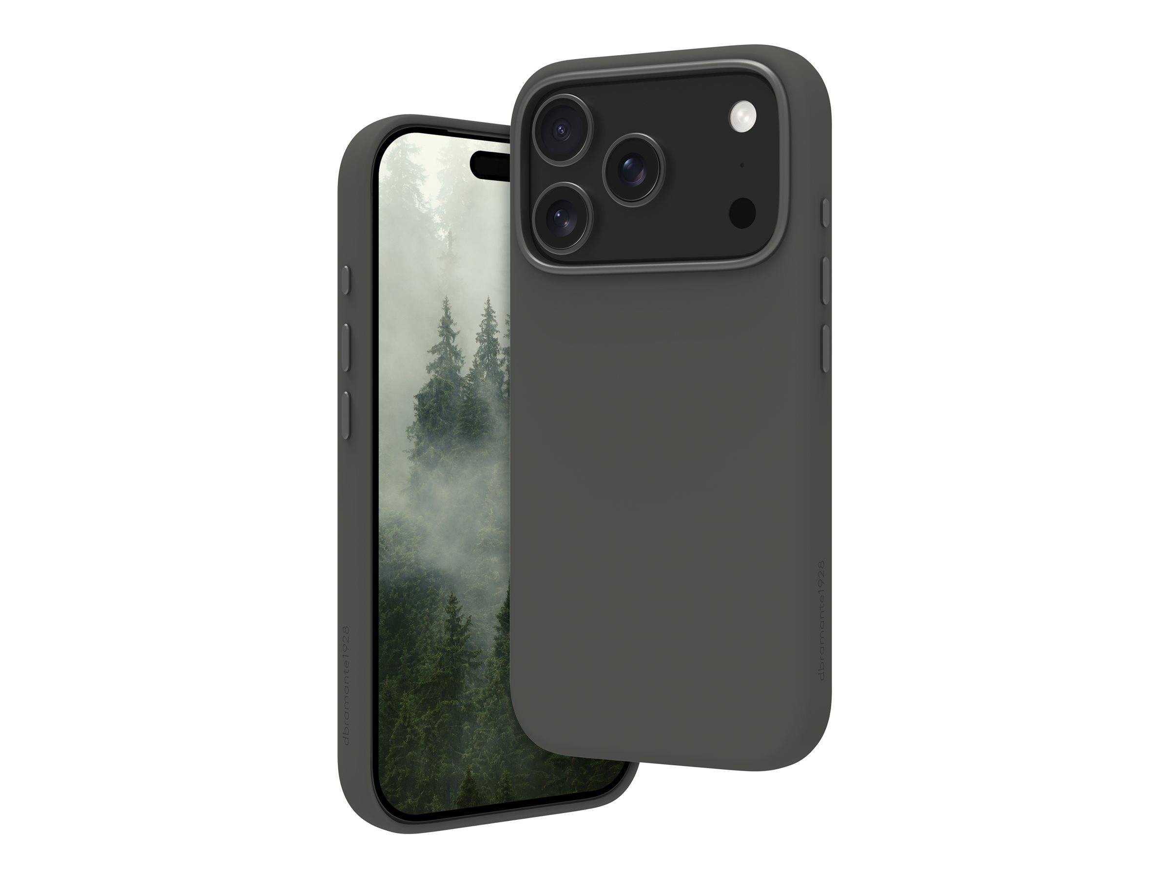 Ein Smartphone mit einem grauen, strukturierten Gehäuse; auf dem Bildschirm ist eine neblige Waldszene zu sehen. Das Gehäuse verfügt über Aussparungen für Tasten und Kamera.