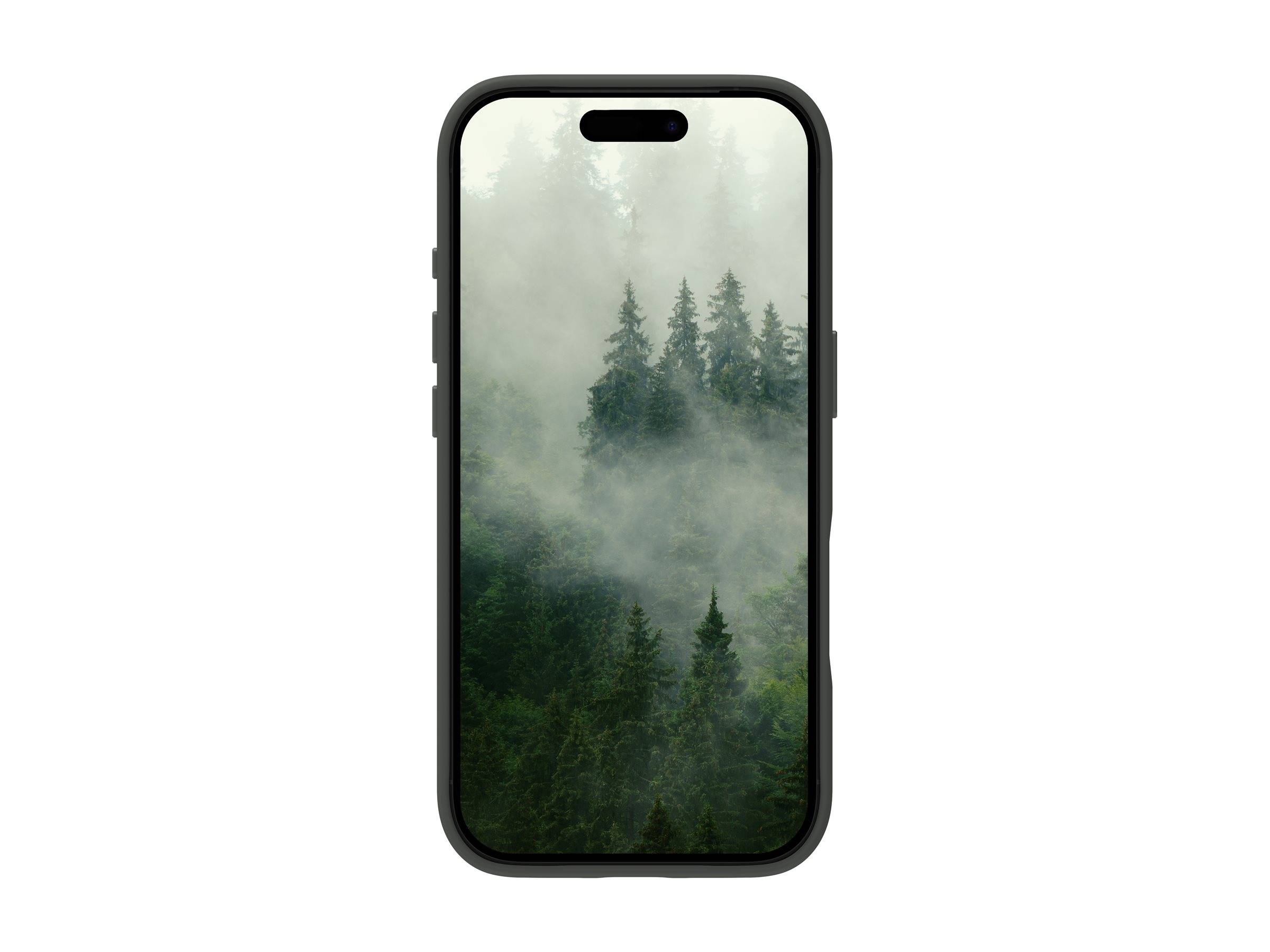 Ein Smartphone mit einem Wald-Hintergrund, der neblige Nadelbäume zeigt.