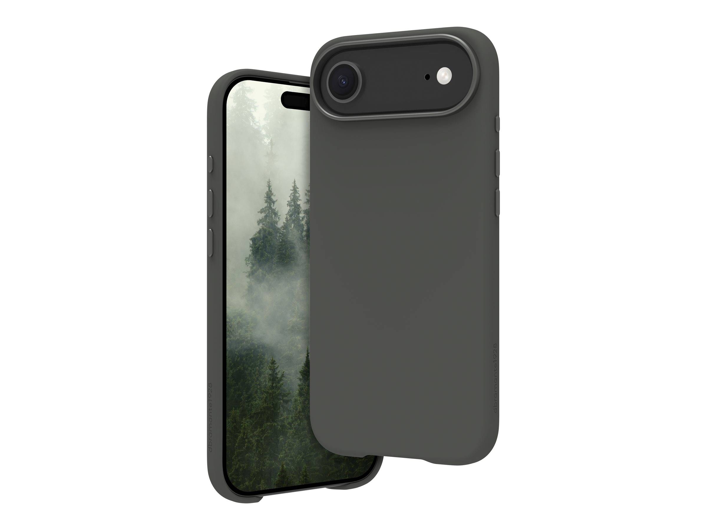 Dunkelgraue Smartphone-Hülle mit erhöhtem Kameraausschnitt, teilweise über einem Telefon mit Wald-Hintergrundbild auf weißem Hintergrund gezeigt.