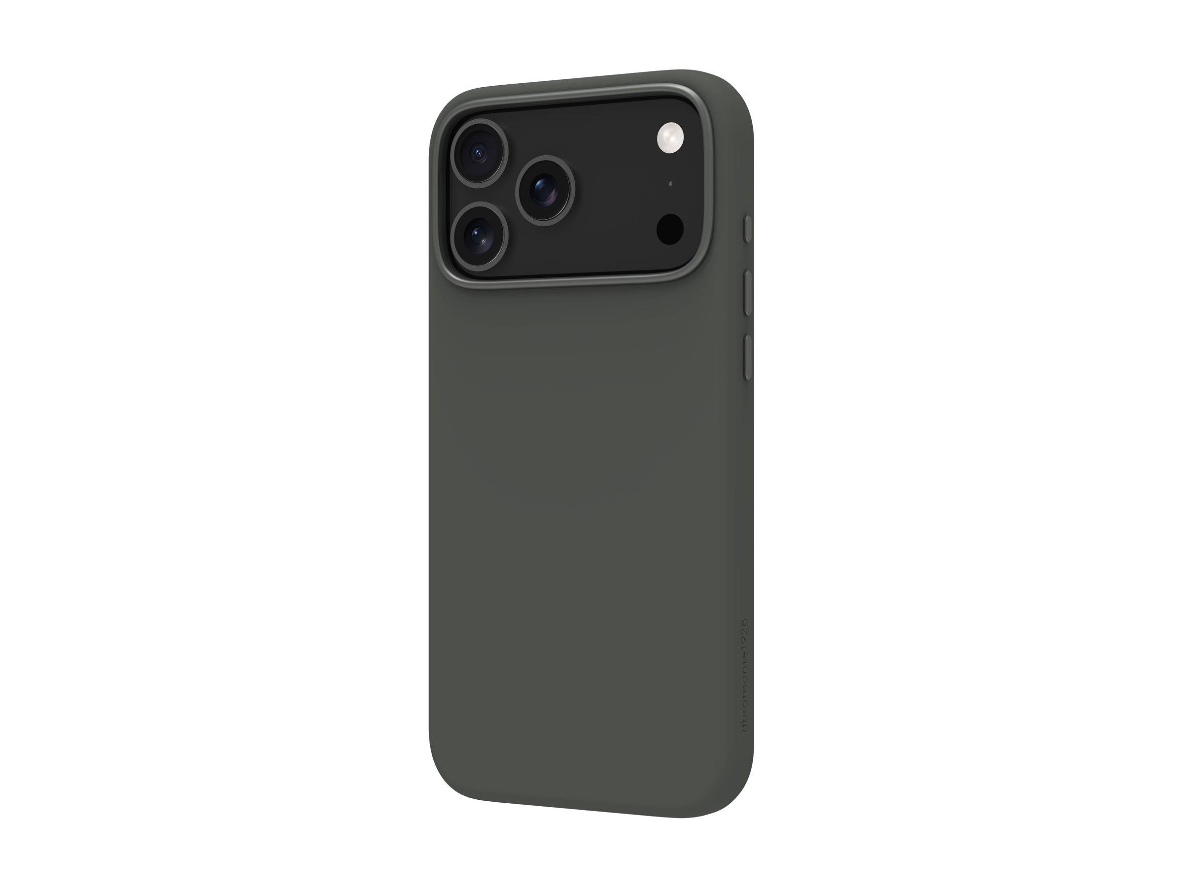 Ein dunkelgrünes Smartphone-Gehäuse mit matter Oberfläche ist abgebildet, das für ein Telefon mit drei Rückkameras und einem seitlichen Knopf passt.