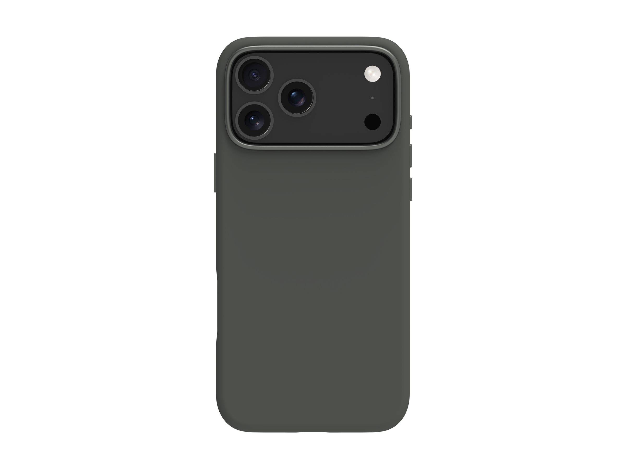 Ein Smartphone mit einer dunkelgrünen Hülle, ausgestattet mit drei Kameraobjektiven und einem Blitz auf der Rückseite.