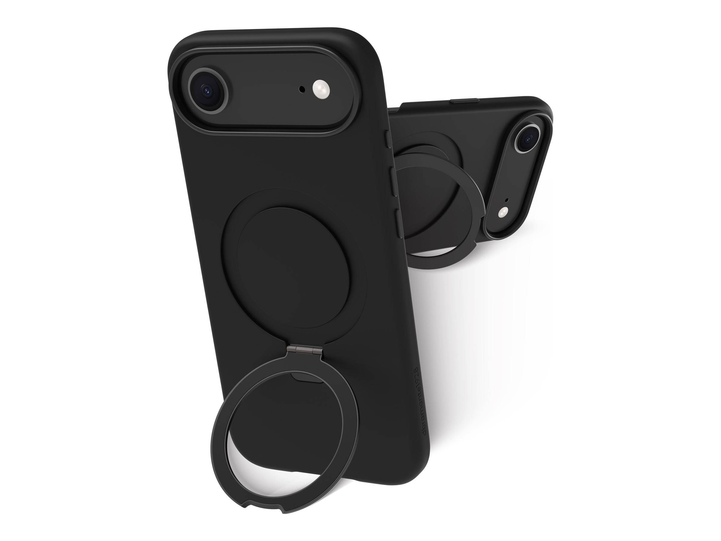 Zwei schwarze Handyhüllen mit runden Metallringen auf der Rückseite, die es ermöglichen, die Telefone aufrecht geneigt auf einer ebenen Oberfläche zu stellen.