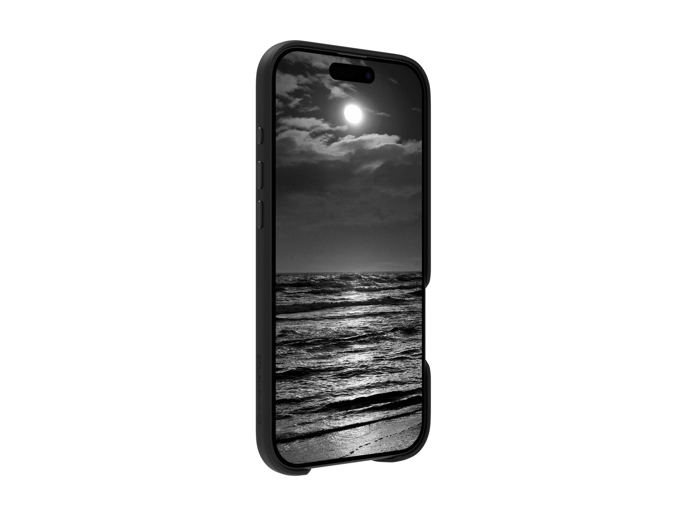 Eine Smartphone-Hülle mit einem schwarzweißen Bild einer mondbeleuchteten Meeresszene, die Wellen und einen bewölkten Nachthimmel zeigt.