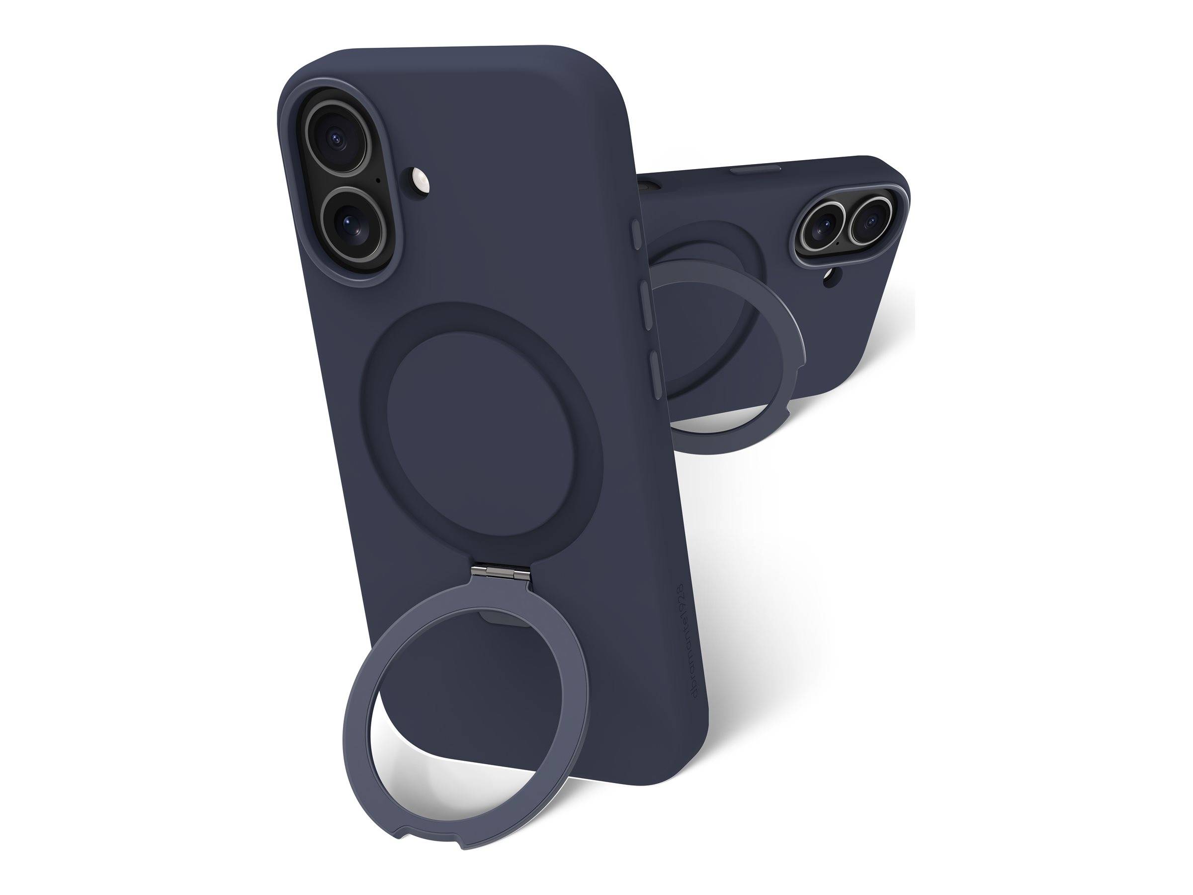 Zwei blaue Handyhüllen mit kreisförmigen Ständern und Aussparungen für Kameraobjektive, so positioniert, dass sowohl die Vorder- als auch die Rückseite zu sehen sind.