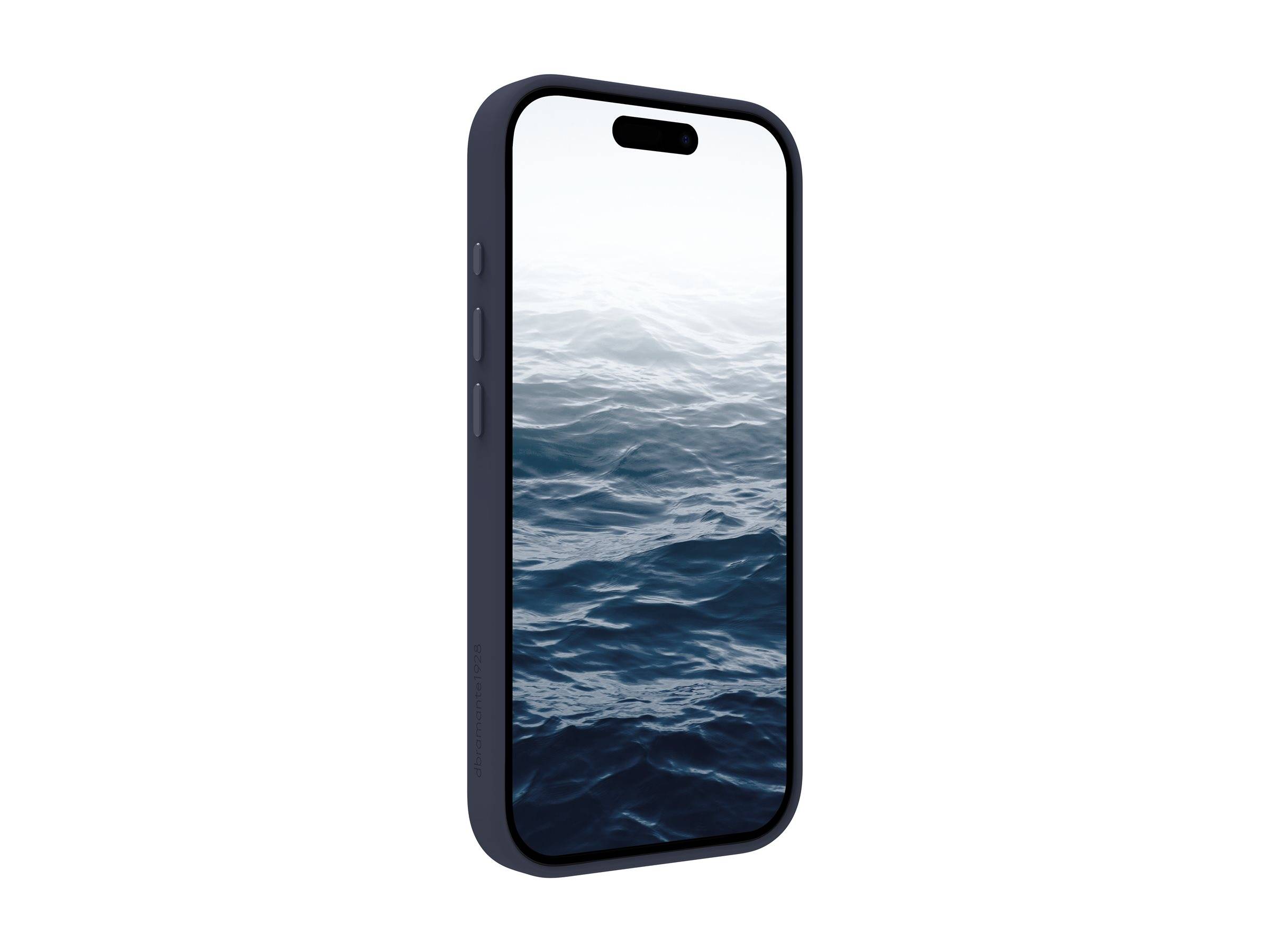 Ein Smartphone mit einem wasserthematischen Hintergrund, der Wellen zeigt, vor einem weißen Hintergrund. Die Handyhülle ist schwarz mit sichtbaren Tasten.