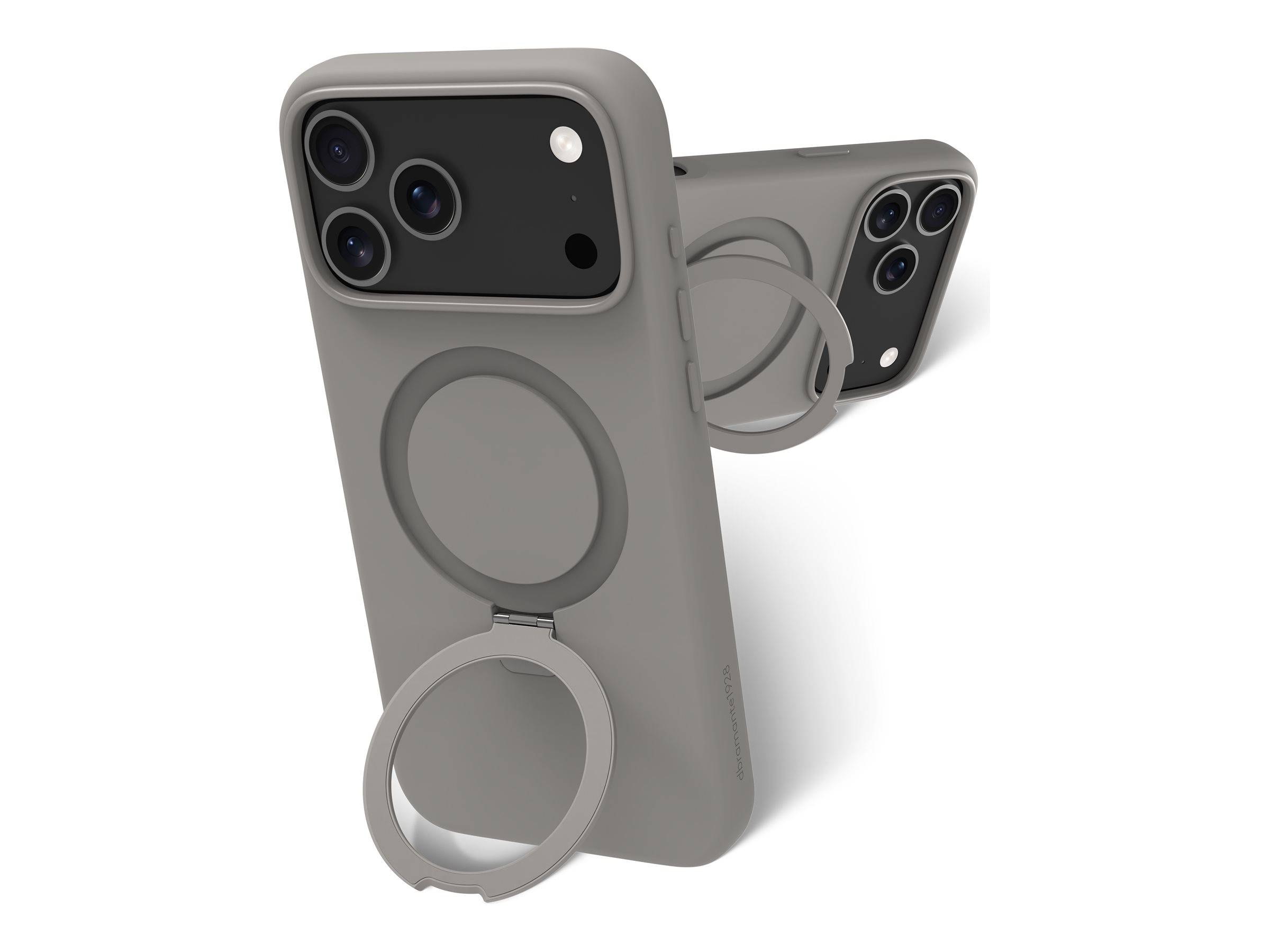 Zwei graue Smartphone-Hüllen mit kreisförmigen Ständern und Kameraausschnitten, auf weißem Hintergrund präsentiert.