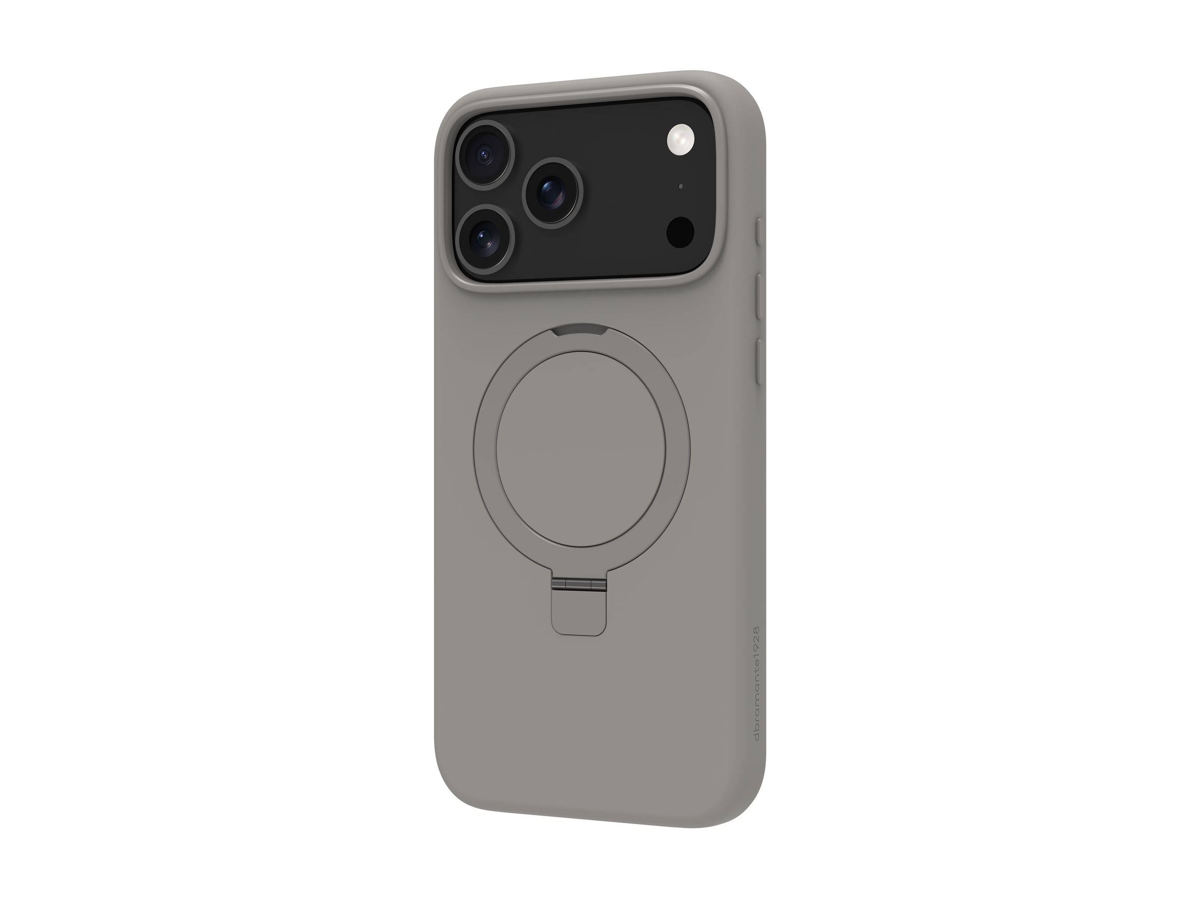 Eine graue Handyhülle mit einem kreisförmigen, ausklappbaren Ständer auf der Rückseite, entwickelt für ein Smartphone mit mehreren Kameraobjektiven.