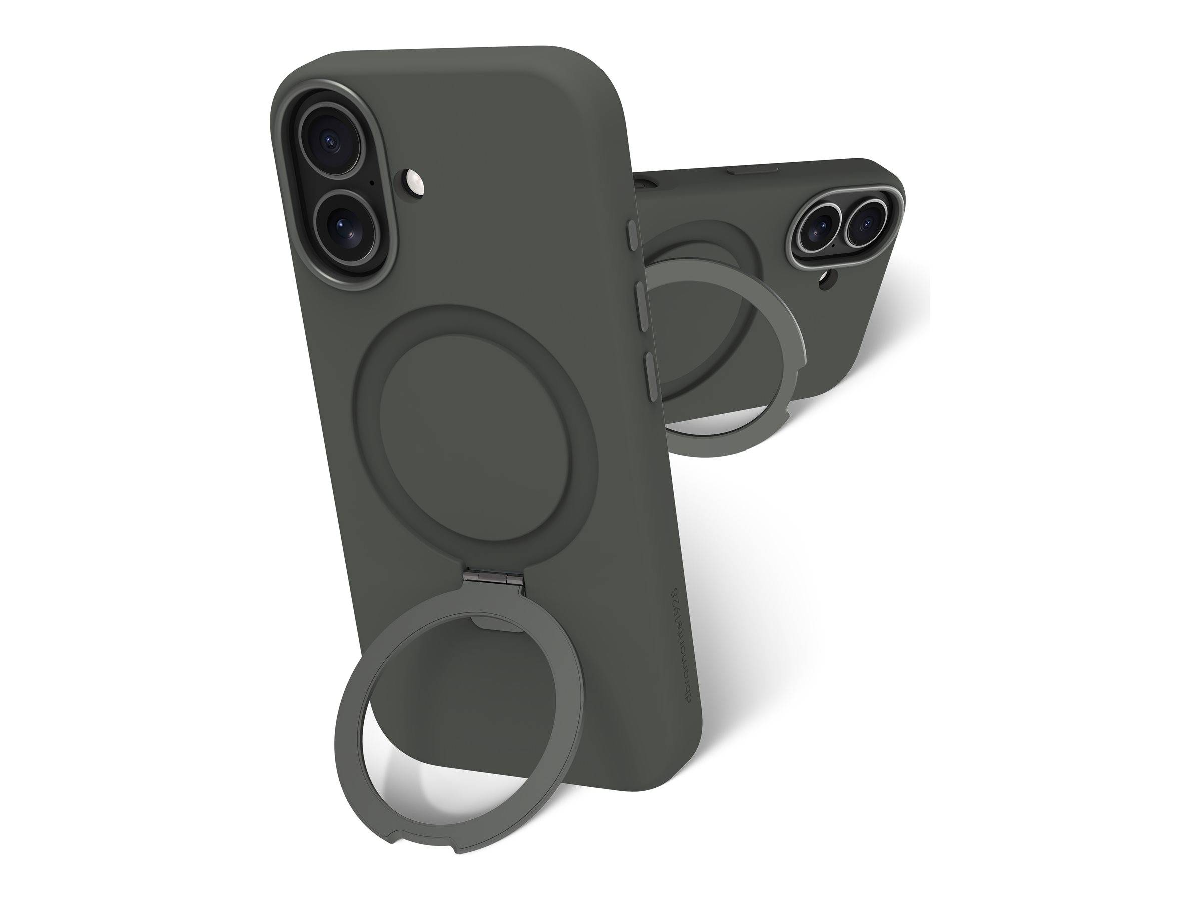 Zwei dunkelgraue Handyhüllen mit kreisförmigen Ringständern an der Rückseite, die für einen besseren Griff und einfaches Betrachten des Telefons entwickelt wurden.