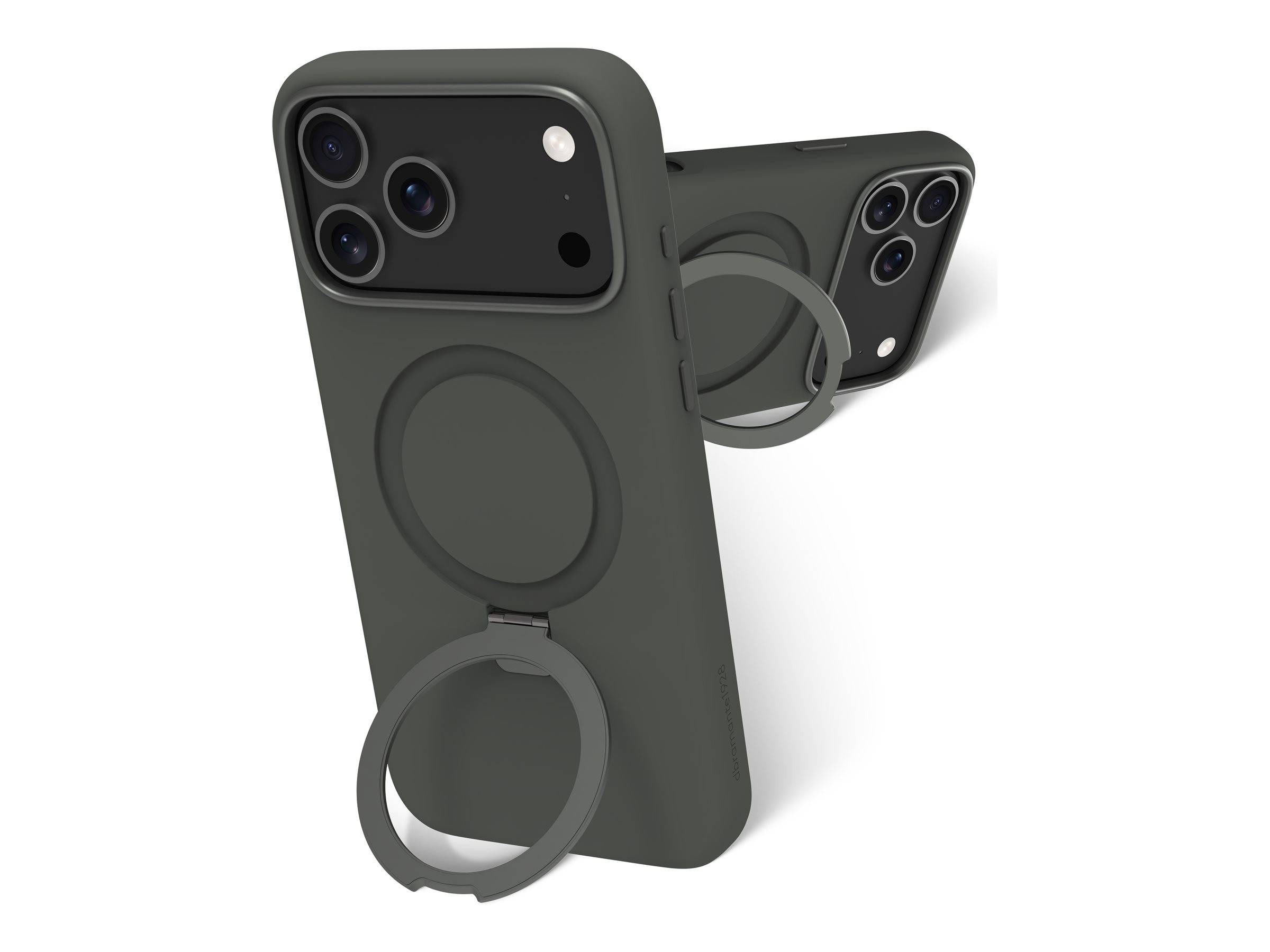 Zwei Smartphones in dunklen Hüllen mit Ringhalterungen. Die Hüllen verfügen über präzise Kameraausschnitte und magnetische Ringbefestigungen für sicheren Halt.