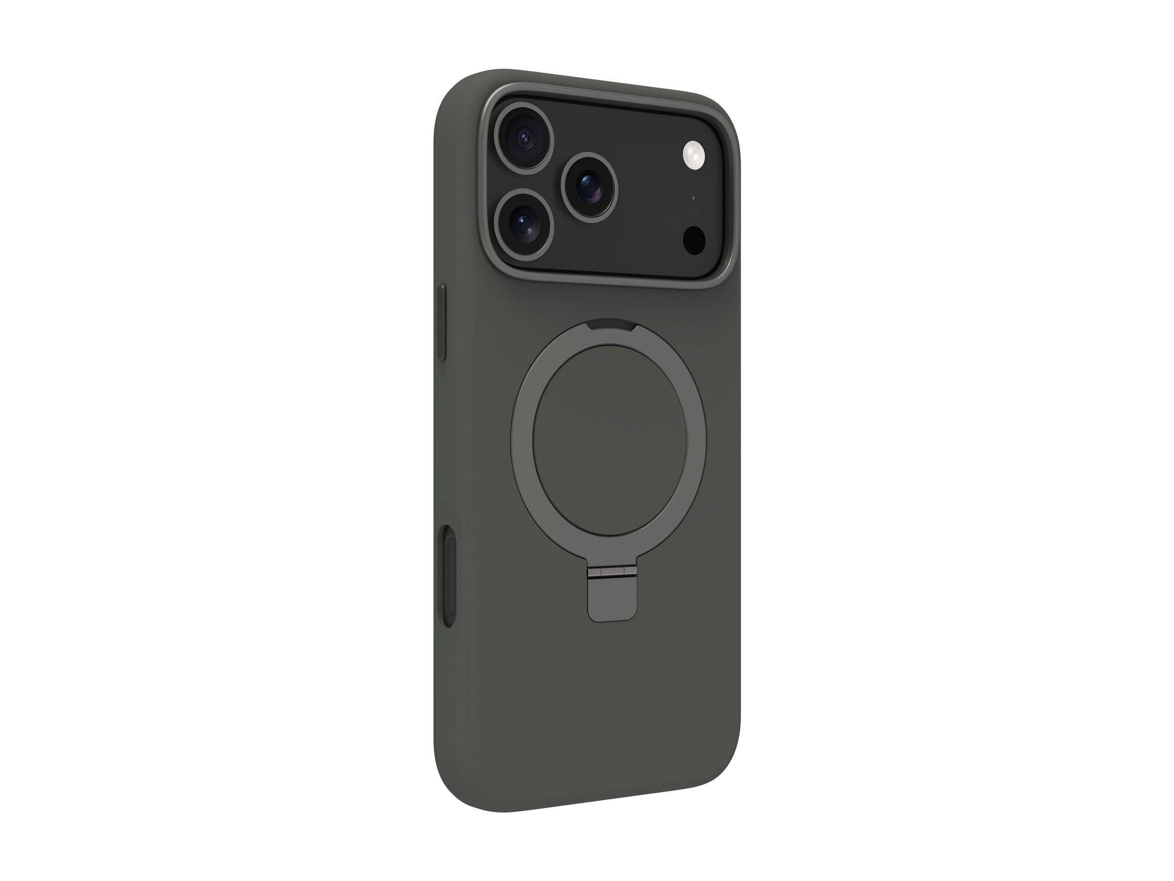 Eine dunkelgraue Smartphone-Hülle mit einem kreisförmigen Ring auf der Rückseite, entwickelt, um Halt und Unterstützung zu bieten und mit MagSafe-Technologie kompatibel.