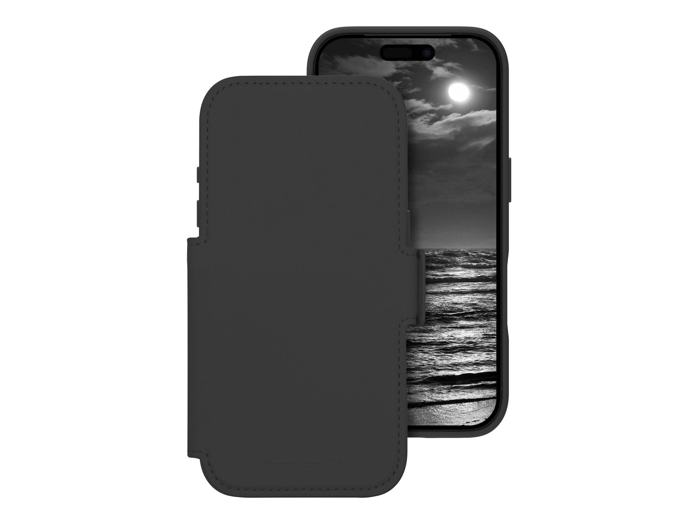 Schwarze Smartphone-Folio-Schutzhülle in offenem Zustand, mit einem Telefon im Inneren, das eine Schwarz-Weiß-Strandszene auf dem Bildschirm anzeigt.