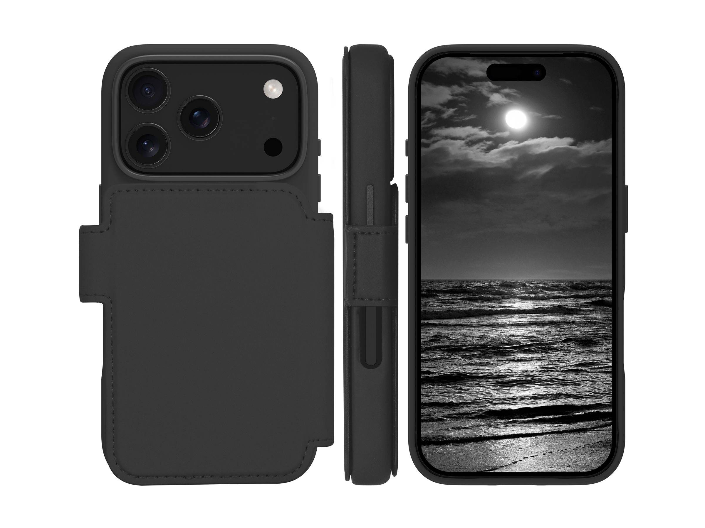 Schwarze Smartphone-Geldbörsen-Hülle von hinten, von der Seite und von vorne gezeigt, mit einer Kartentasche und einem Telefonbildschirm, der einen schwarzweißen Ozean in der Nacht anzeigt.