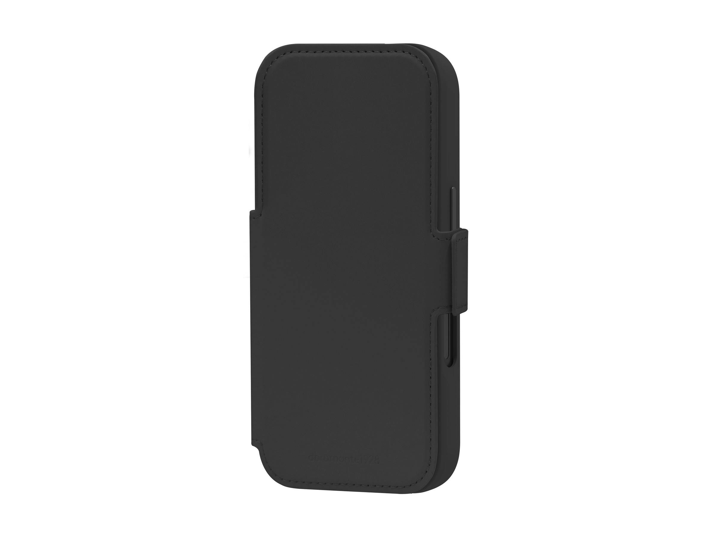 Schwarze Smartphone-Geldbörse mit Klappe und Seitentasche, geschlossen auf weißem Hintergrund dargestellt.