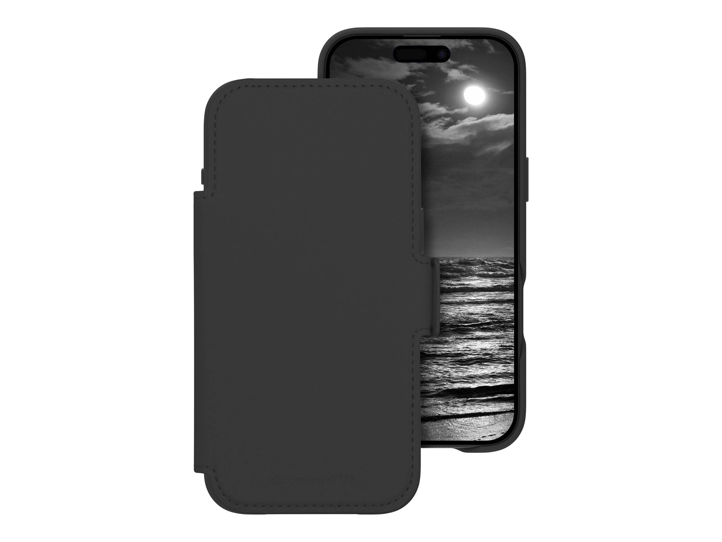 Schwarzes Smartphone in einer schützenden Klappschutzhülle, teilweise geöffnet gezeigt, wobei der Bildschirm eine schwarzweiße Meeresszene anzeigt.