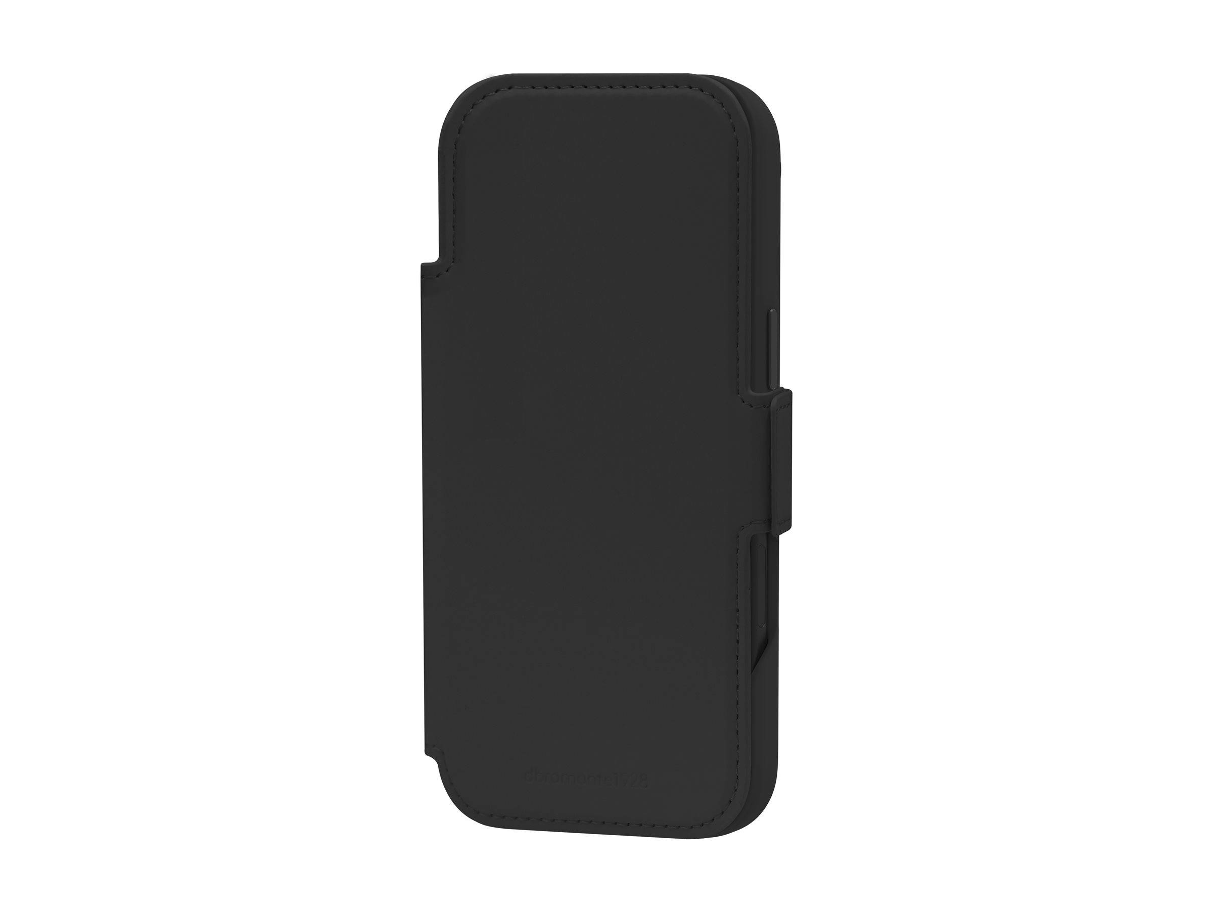Schwarze Smartphone-Flip-Schutzhülle mit Seitenverriegelung, geschlossen auf weißem Hintergrund abgebildet.