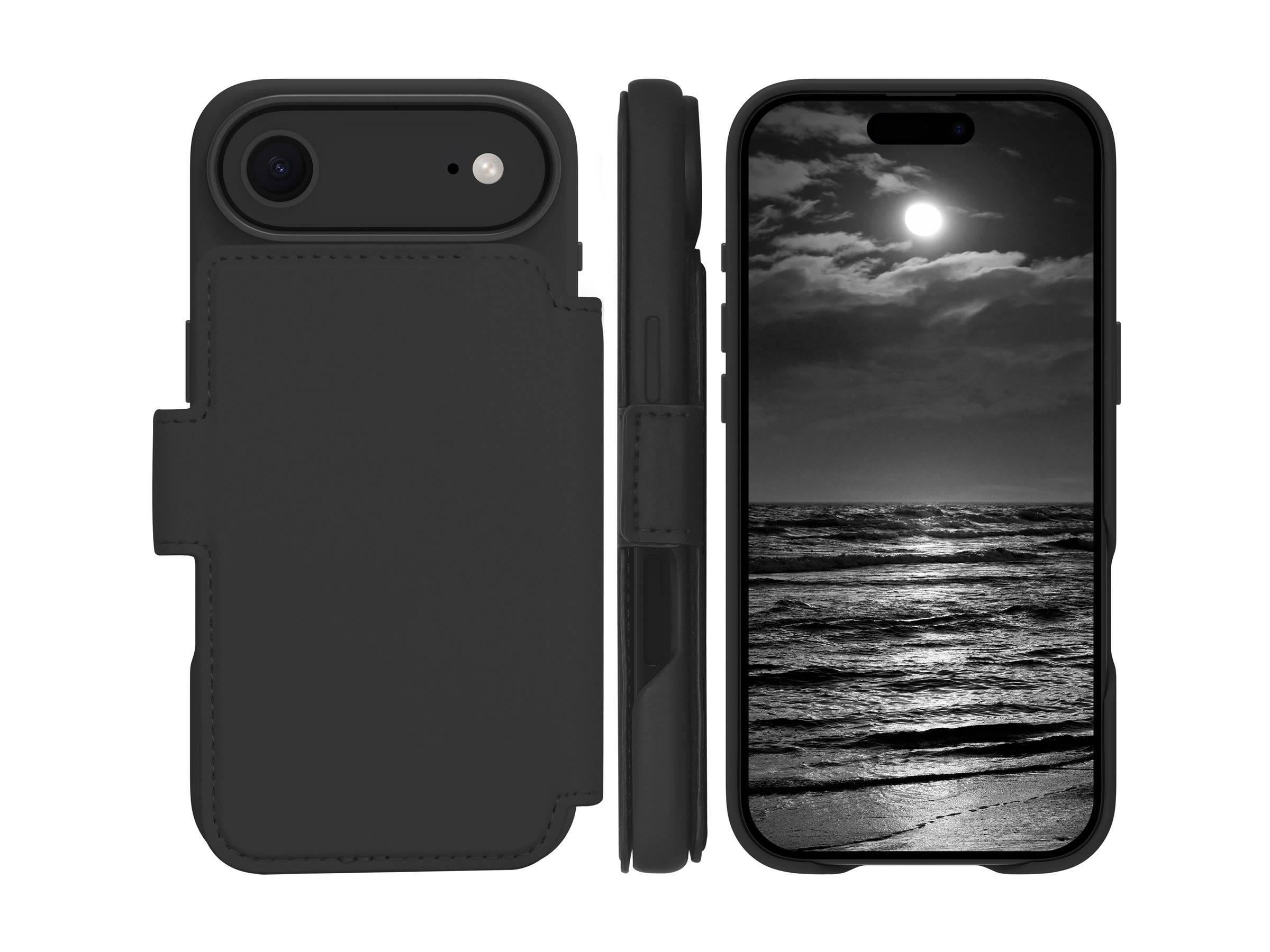 Schwarze Smartphone-Hülle in Vorder-, Seiten- und Rückansicht, mit einem Telefon, das eine Schwarzweiß-Meeresszene auf dem Bildschirm anzeigt.