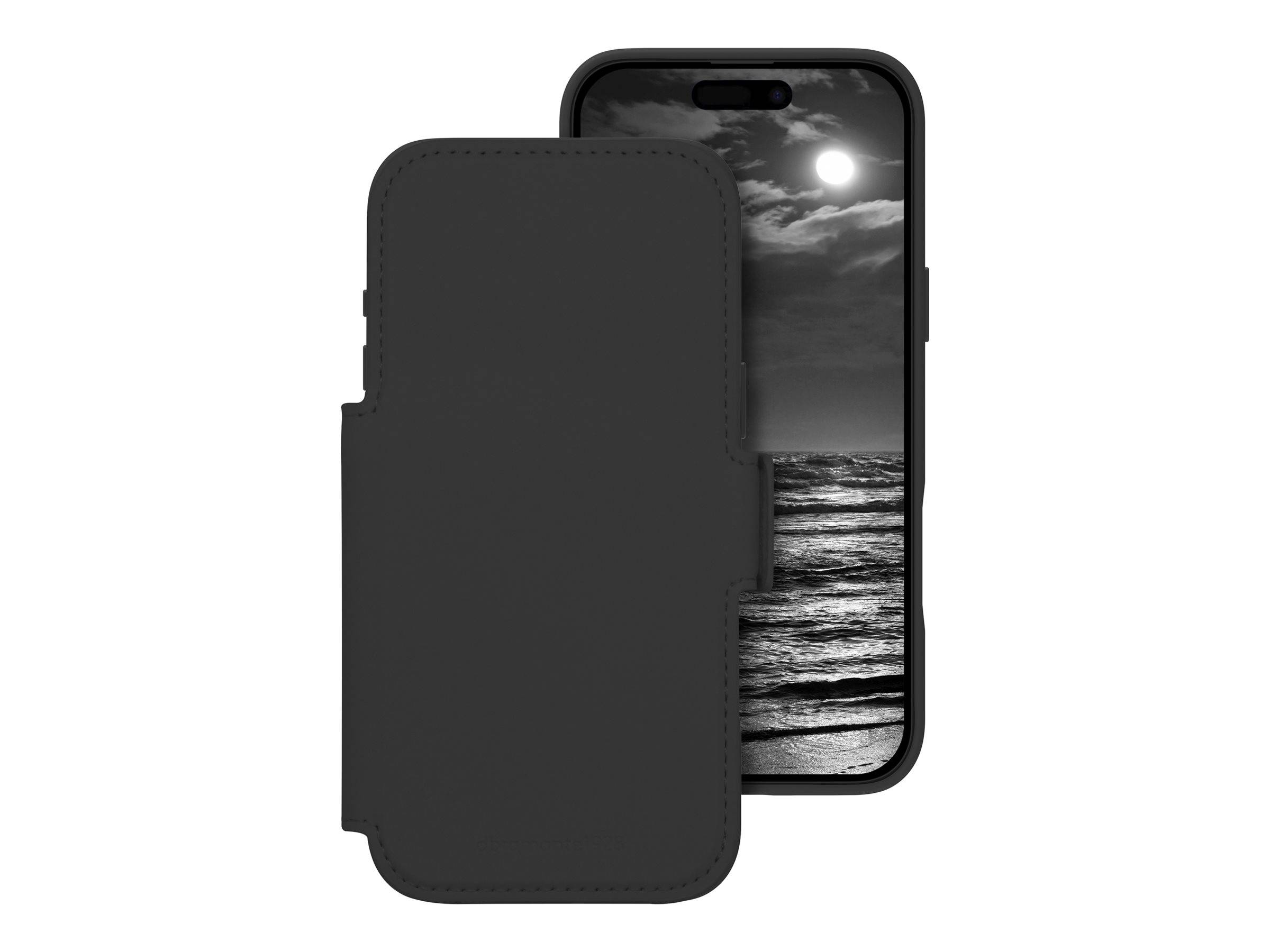 Schwarzes Smartphone mit einer Flip-Schutzcase, die den Bildschirm teilweise abdeckt.