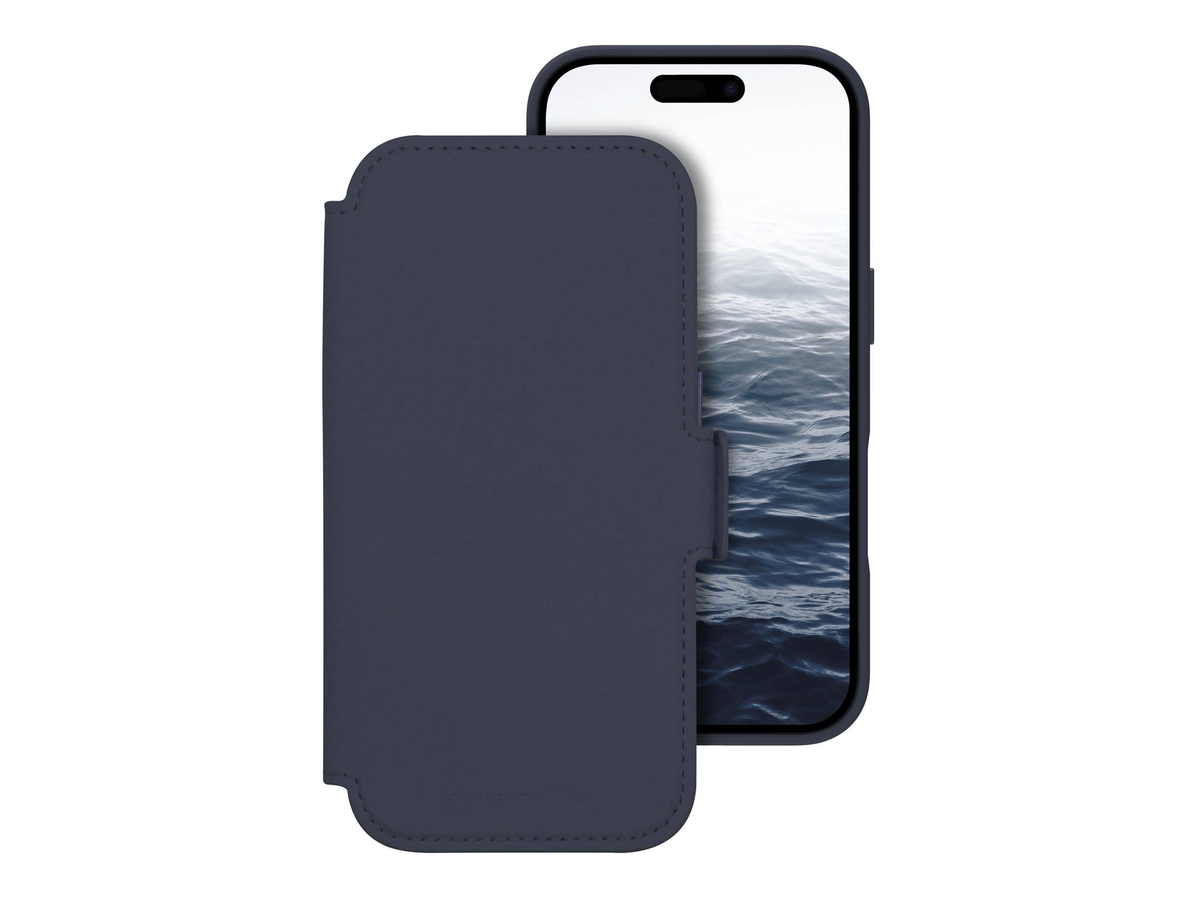 Smartphone in einem dunklen Folio-Etui, wobei das Etui den Bildschirm teilweise verdeckt, mit einem Ozeanmotiv auf dem Display dahinter.