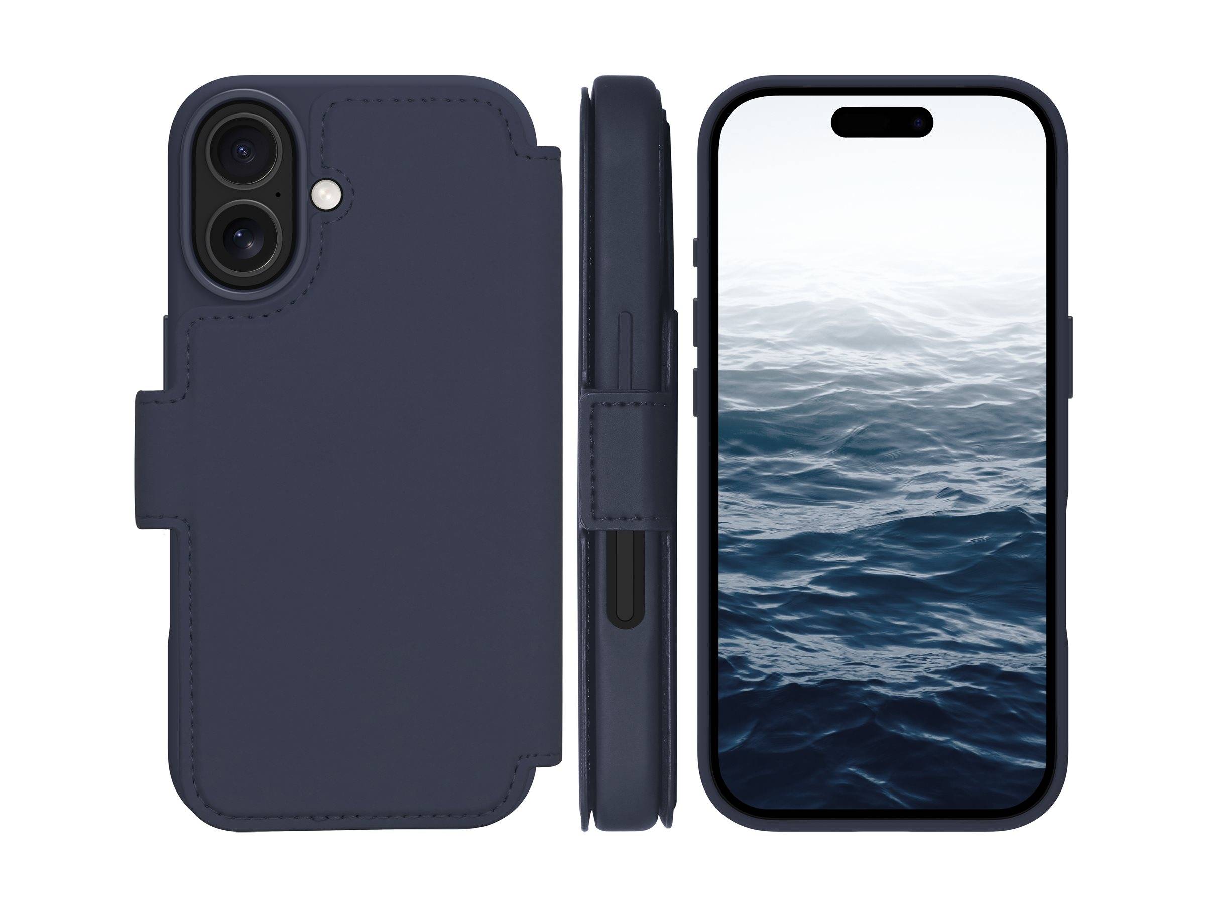Ein marineblau Leder-Telefongeldbörsentui gezeigt in Vorder-, Rück- und Seitenansicht, mit Kameraausschnitt und einem Telefon mit Ozean-Hintergrundbild.