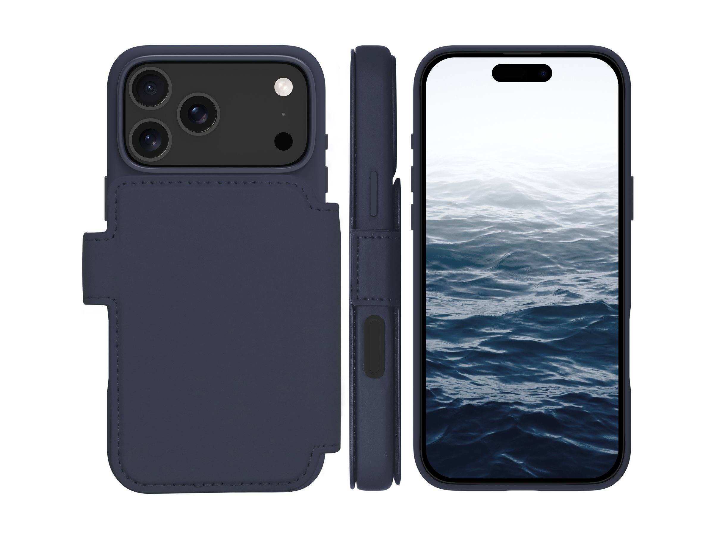 Dunkelblaue Handytasche mit Kartenfach gezeigt von vorne, hinten und von der Seite, mit aufklappbarem Kartenfachdeckel und einem Smartphone mit Meereswallpaper.