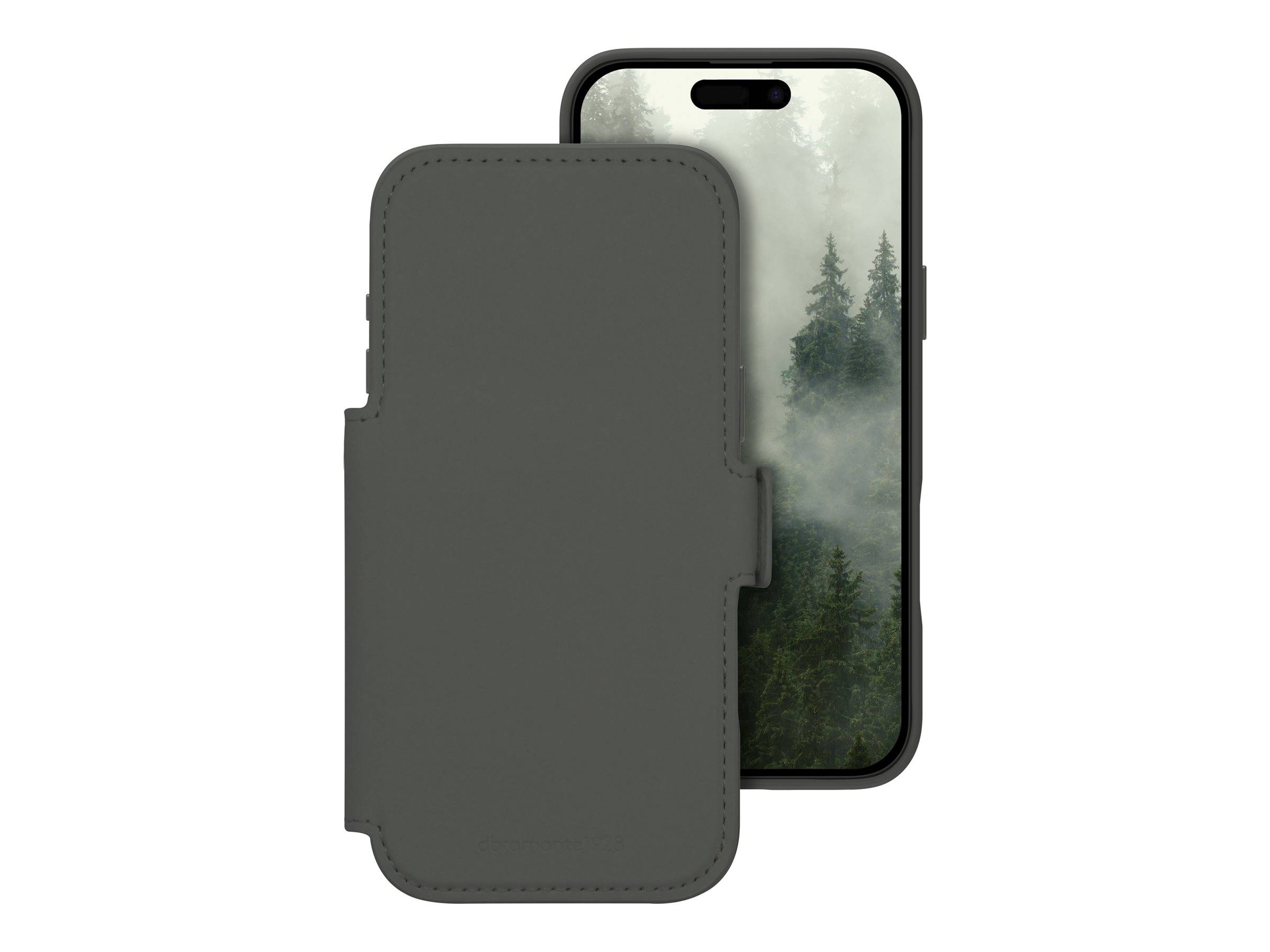 Smartphone, das teilweise hinter einer dunkelgrauen Schutzhülle im Flip-Stil verborgen ist, mit einem Waldtapete auf dem Bildschirm.